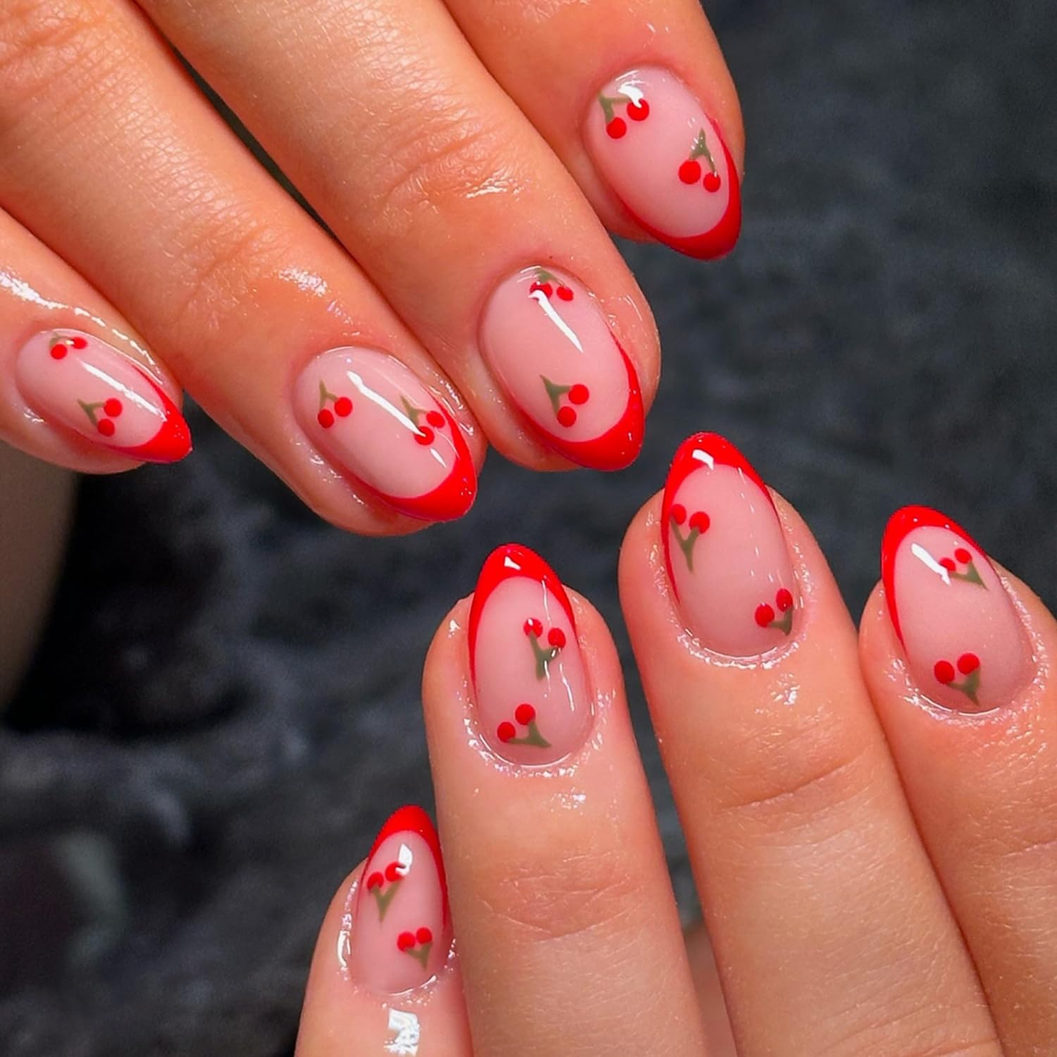 French Press on Nails Short Almond Shaped False Nails with Cherry Design Glossy Acrylic Nails Reusable Stick on Nails for Women's Daily Wear French Fake Nails with Nail Glue in 24 Pcs