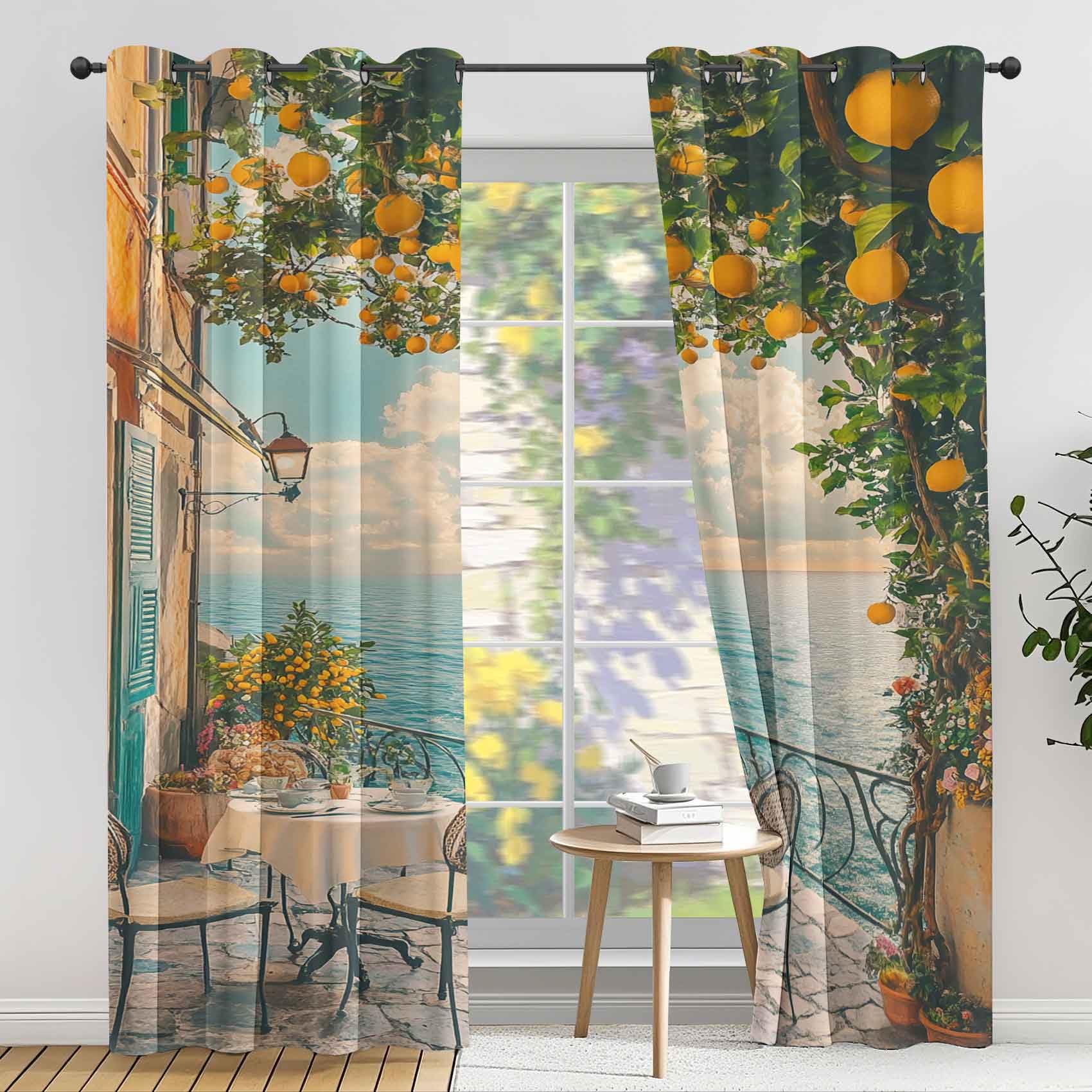 Italienische Landschaft Vorhang, Balkon Zitrone Meerblick Blickdicht Gardinen für Wohnzimmer Schlafzimmer, Küste Mediterrane Vorhänge mit Ösen Verdunklungsvorhänge - Deko Vorhänge 2er Set 170x200 cm