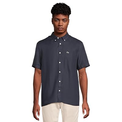 Lacoste Short Sleeve Regular Fit Linen Casual Button Down Shirt with Front Pocket Men