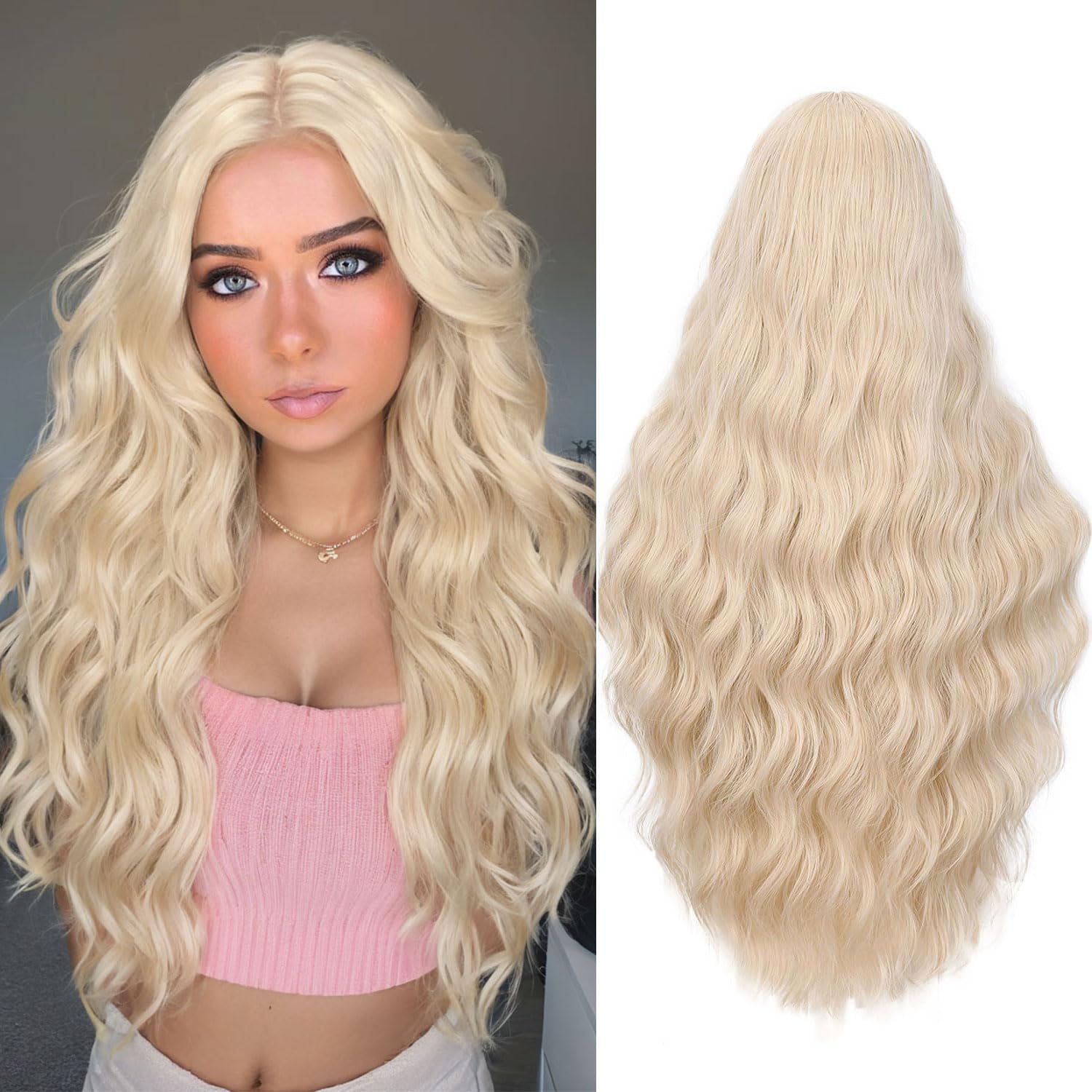 Fancy Hair Platinum Blonde Long Wavy Wig Long Blonde Synthetic Middle Part Curly Wavy Wig for Women Daily Halloween Cosplay 28 Inches