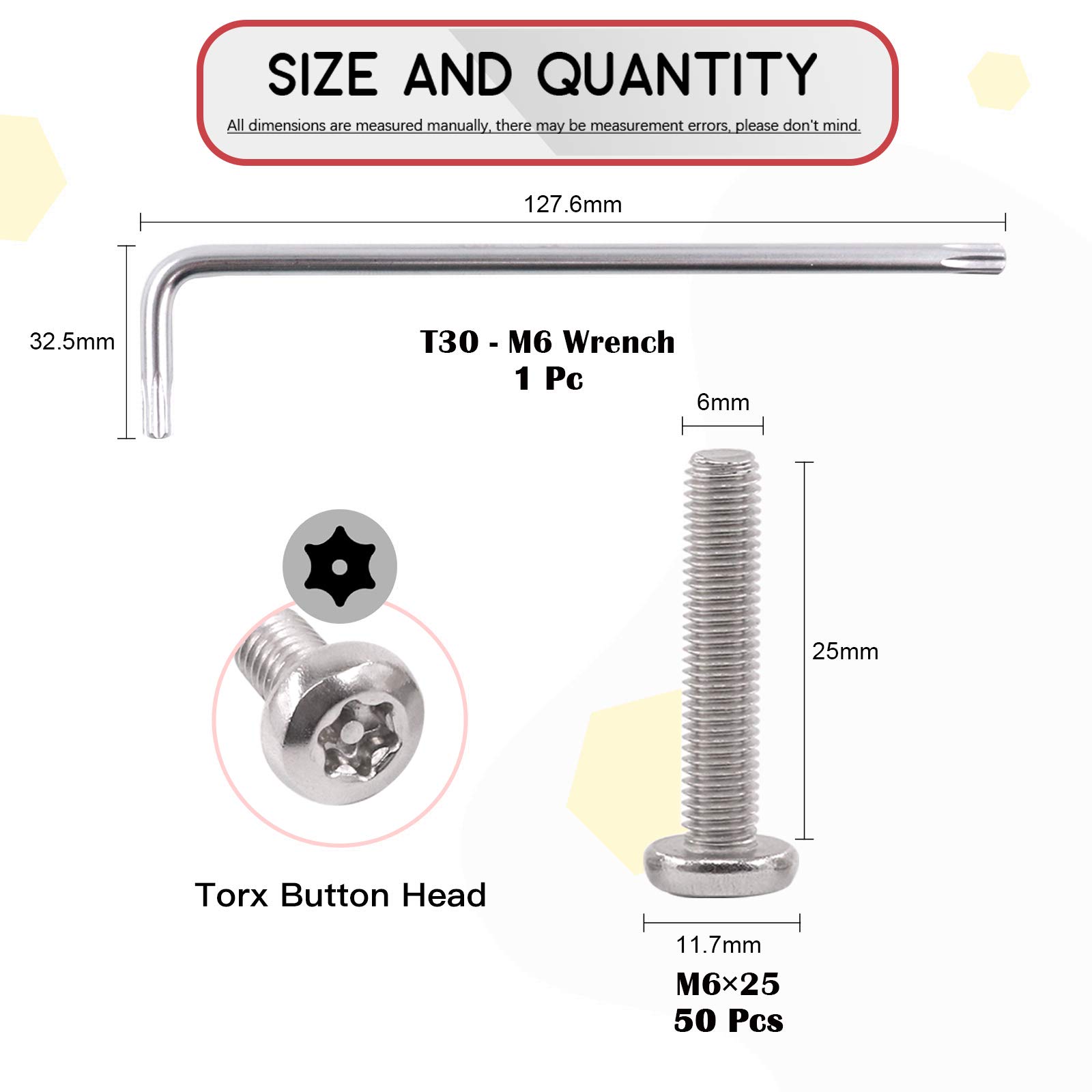 Hilitchi M6 Button Head Torx Security Screws Stainless Steel Tamper Proof Screws w T30 Bit (M6x25-50PCS), Silver - Image 2
