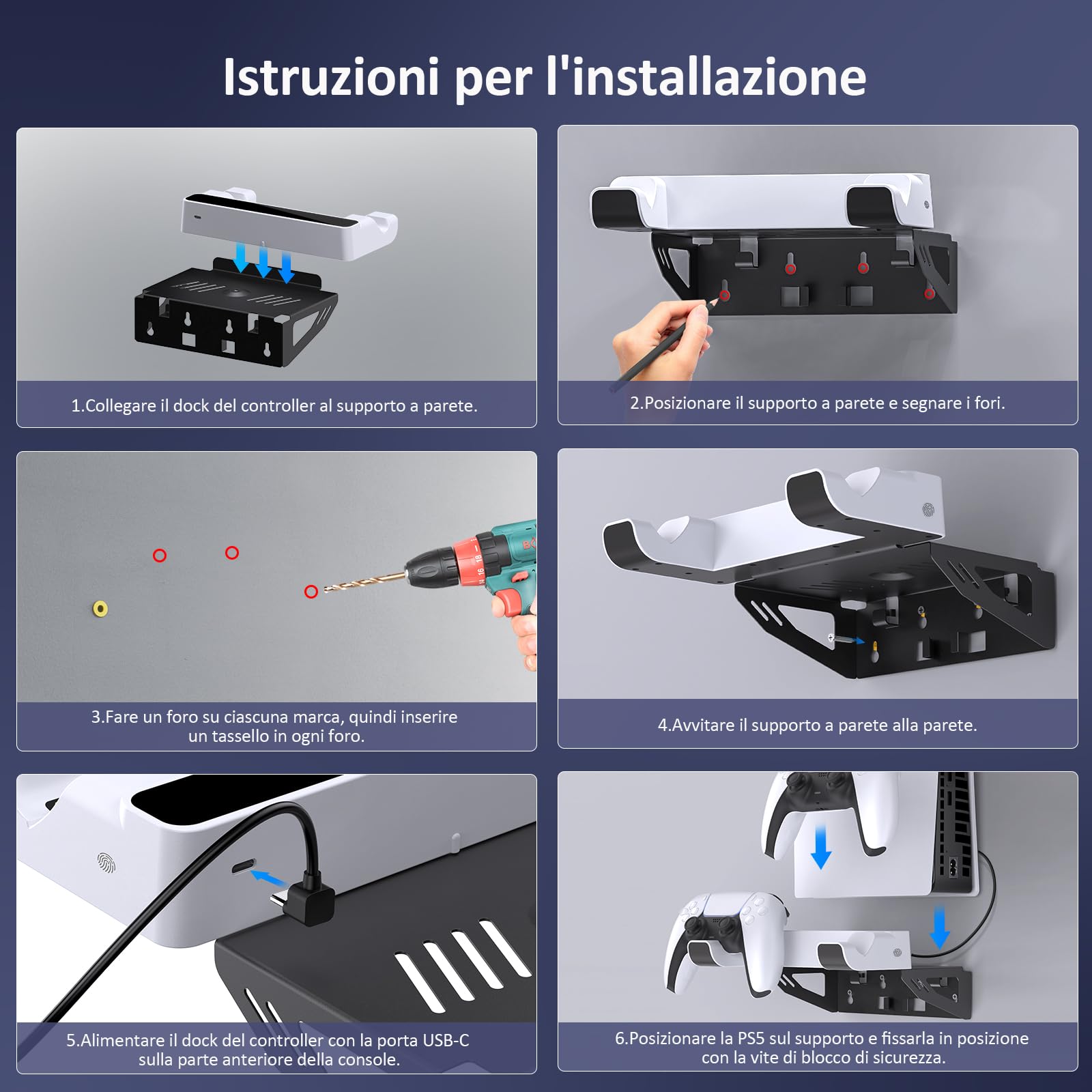 NexiGo Supporto da Parete per PS5 con Stazione di Ricarica per per PS5 (Tutte Le Versioni) e Nuove Console PS5 Slim, Controller Regular e Edge