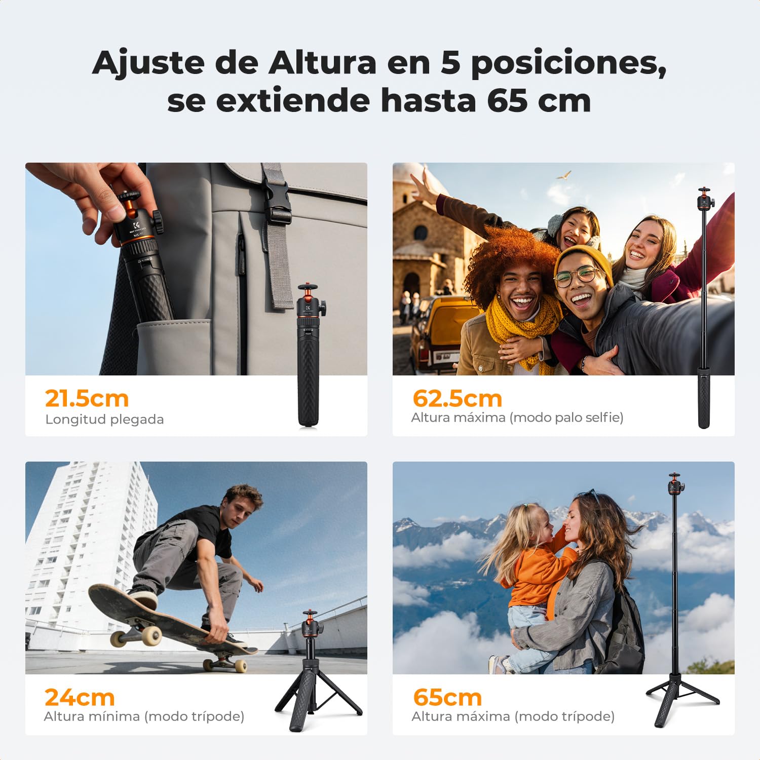 K&F CONCEPT MS71 Palo Selfie 65CM, Mini Trípode Abre con Un Solo Clic, Trípode para Móvil con Rótula Esférica y Zapata Fría Compatible con dji Osmo Pocket 4/3, Action 5 y GoPro 13/12