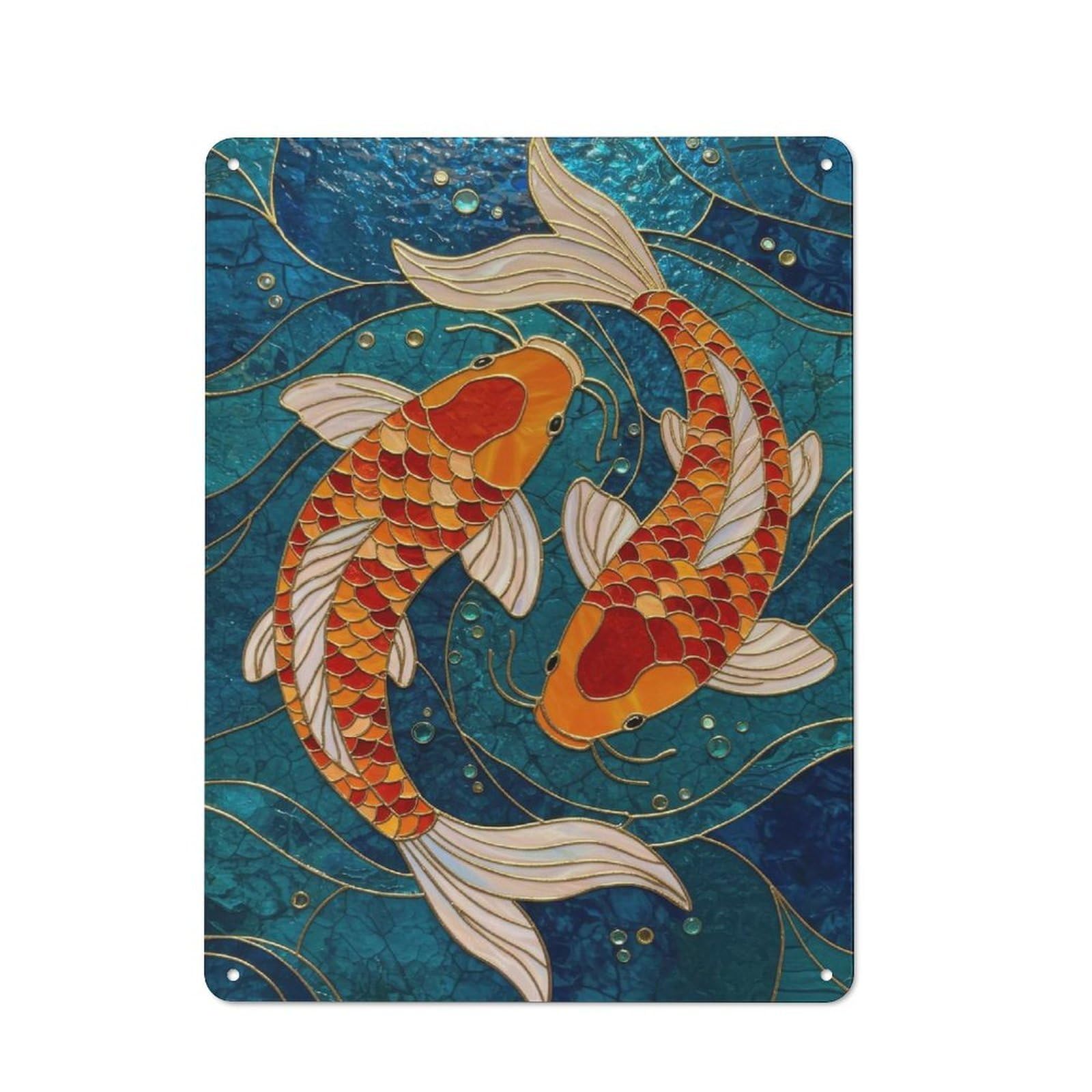Shop Front Style Two Koi Fish Stained Glass Cafe Metal Sign 40x30cm, Bistro Wall Plaque for Tea Room, Shop Wall Or Breakfast Area