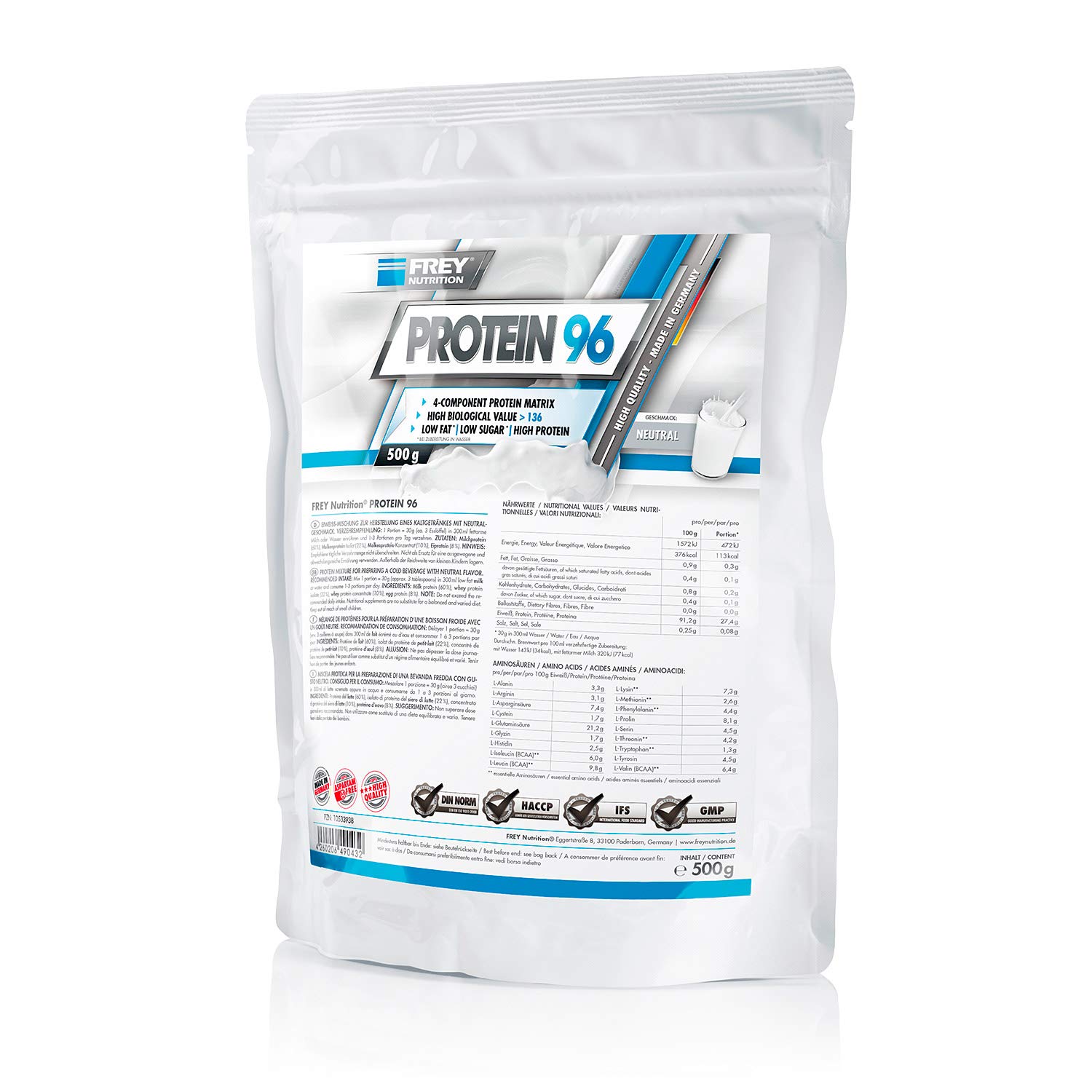 Frey Nutrition Protein 96 Neutral Zipp-Beutel, 1er Pack (1 x 500 g)