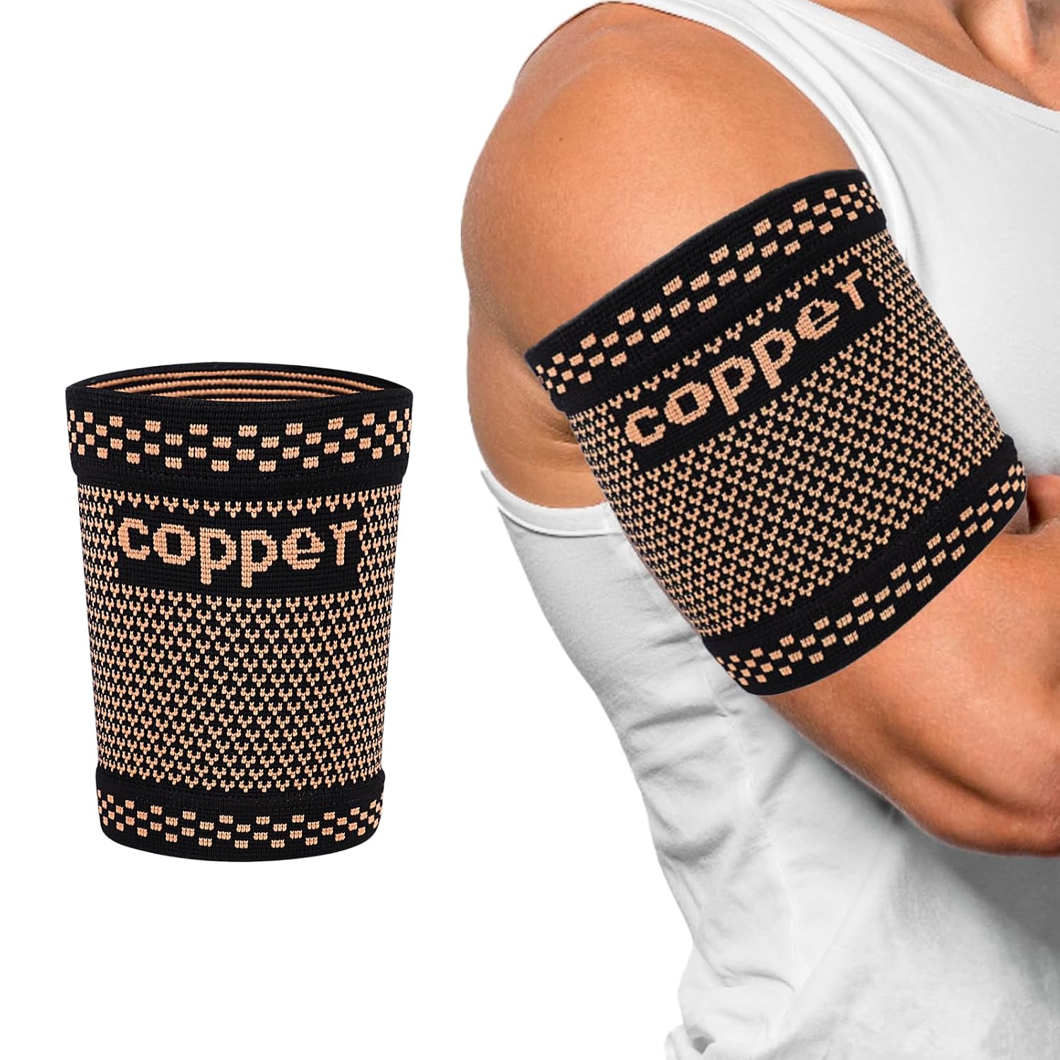 Bicep Compression Sleeve 1 Pair,Copper Upper Arm Compression Sleeve,Bicep Tendonitis Brace Triceps Brace for Pain Relief,Arm Support fit for Men Women (GOLD, Medium)