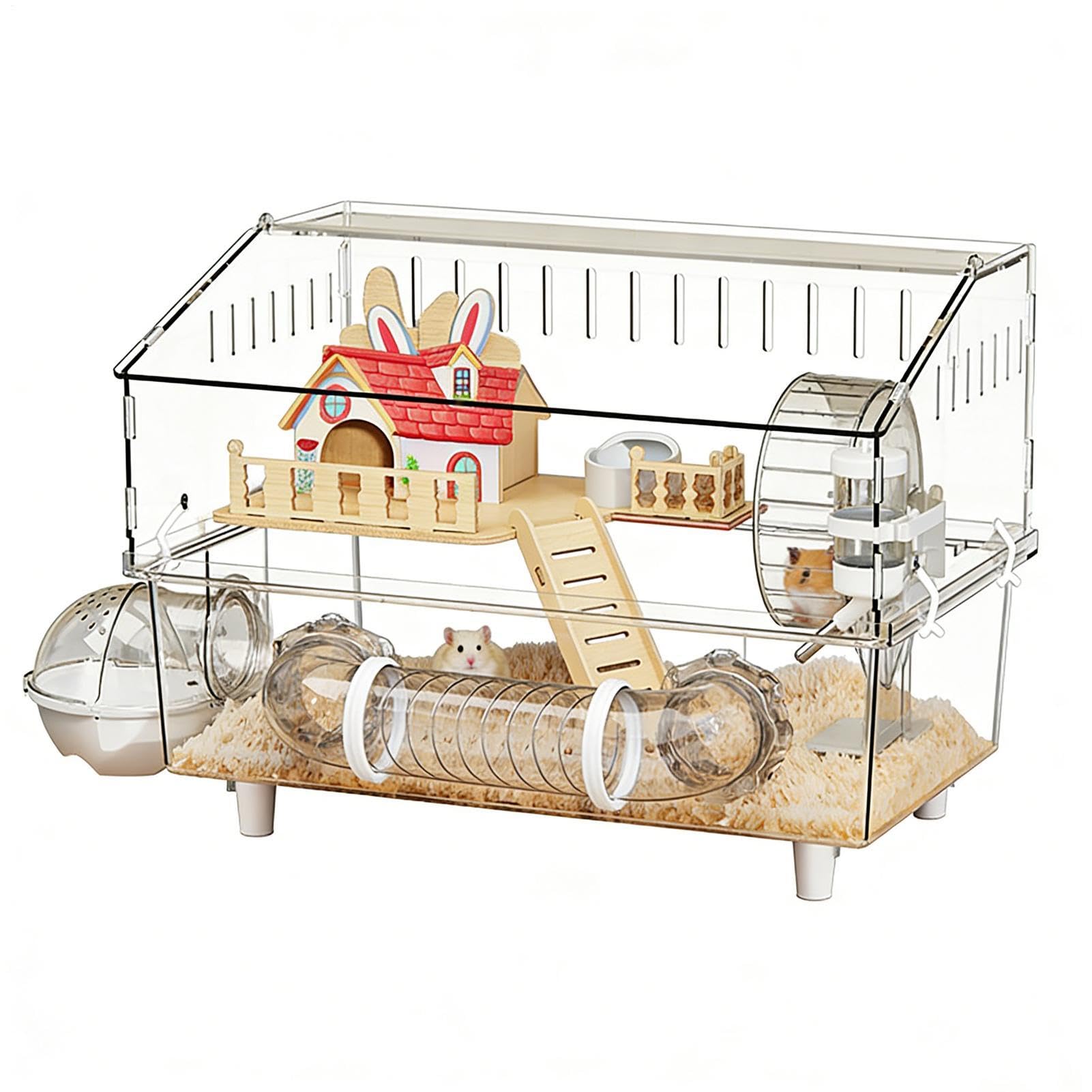 Jaula para Hámster Casa Transparente de 2 Niveles para Chinchilla | Jaula con Bebedero y Arenero Observación de Mascotas en Casa, Interior y Exterior