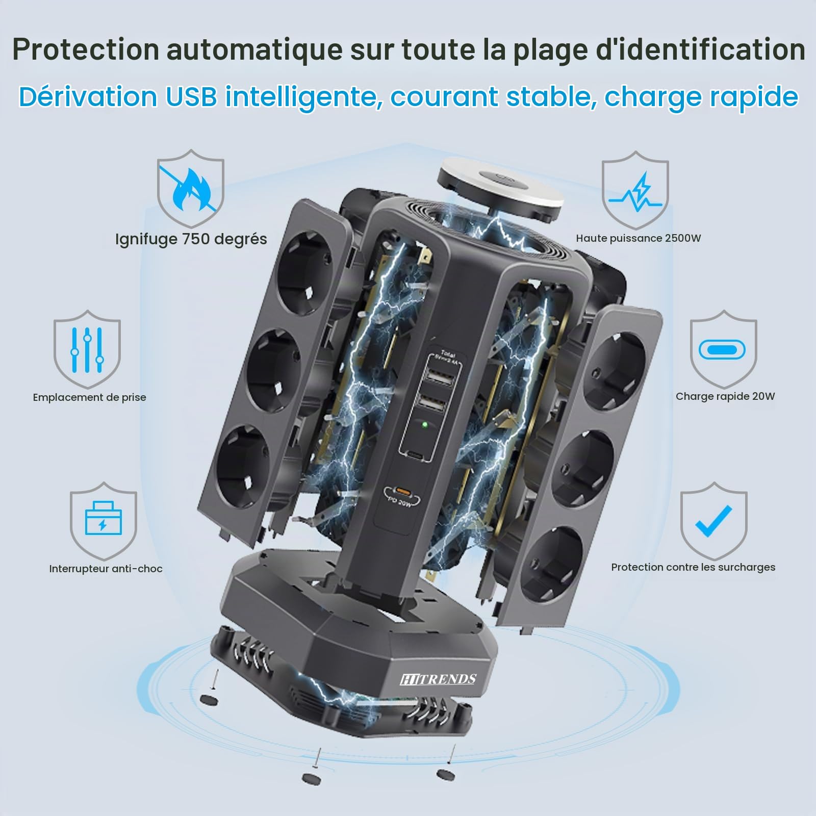 Tour de prise, 12 prises, 4000 W, protection contre les surtensions, prise de table avec 2 ports USB A+ 2 USB C (PD 20 W), prise de distribution de 1,8 m avec veilleuse réglable, noire