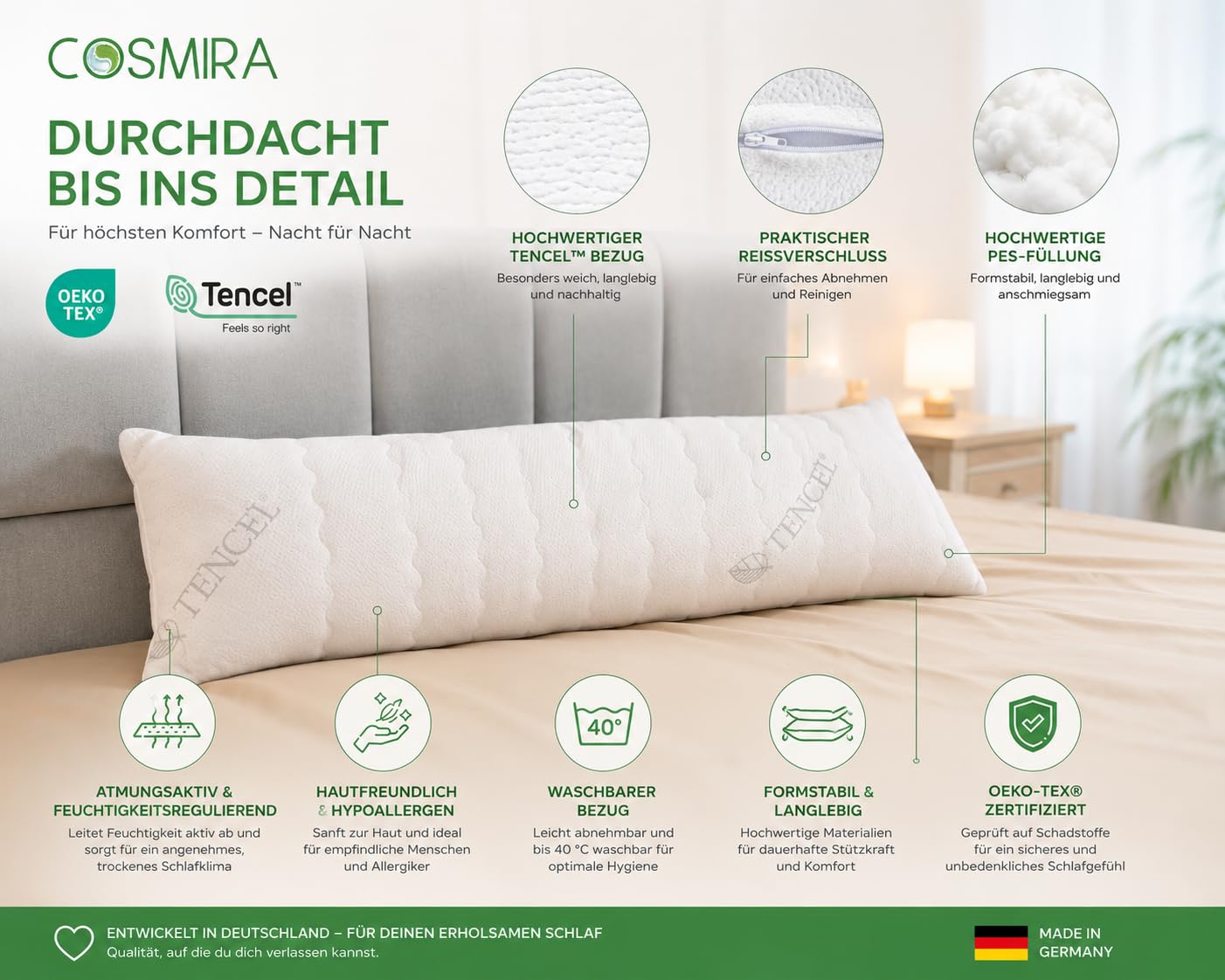 Premium Seitenschläferkissen 165 cm – Ergonomisches Körperkissen mit verstepptem Tencel Bezug – anschmiegsam & atmungsaktiv – Allergikerfreundlich, waschbar, Oeko-TEX Zertifiziert