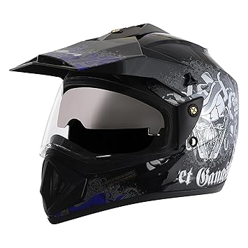Vega Off Road Gangster ISI Certified Gloss Finish Full Face Dual Visor with Peak Helmet for Men and Women Outer Clear Visor and Inner Smoke Sun Visor(Black Blue, Size:M)