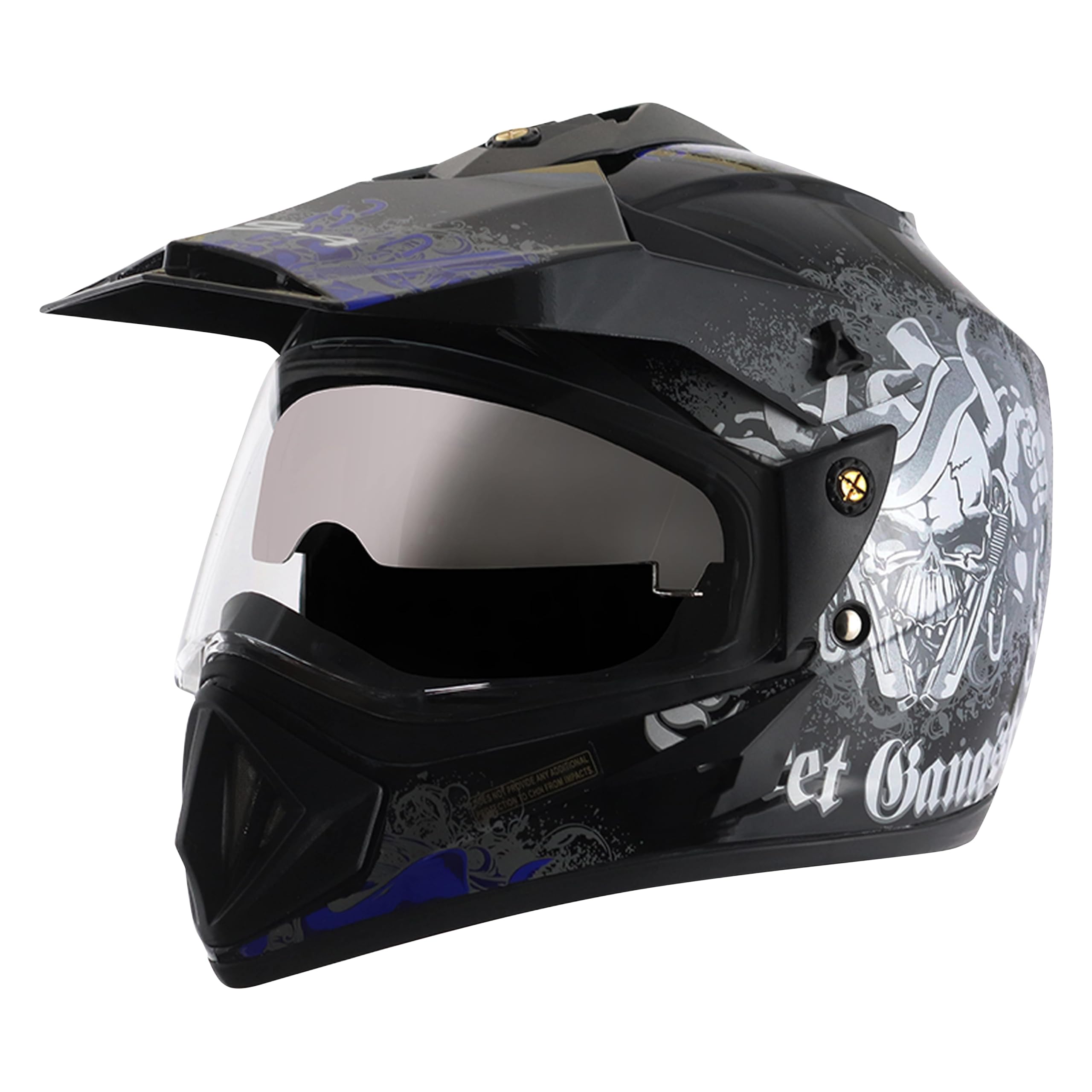 Vega Off Road Gangster ISI Certified Gloss Finish Full Face Dual Visor with Peak Helmet for Men and Women Outer Clear Visor and Inner Smoke Sun Visor(Black Blue, Size:L)