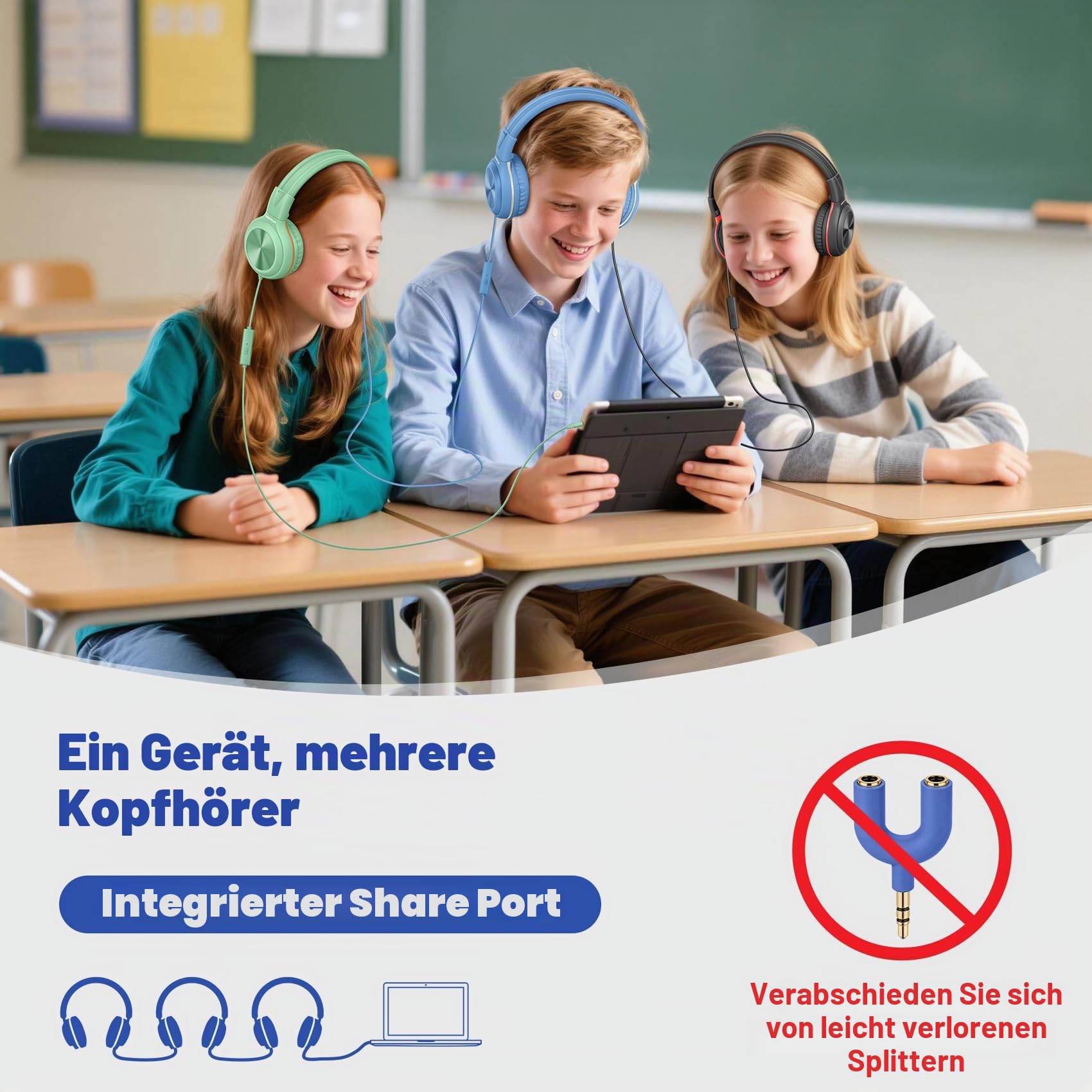 SIMOLIO Kopfhörer mit Kabel, Over Ear Kopfhörer mit MIC, Wired Headphones for Schule, Computer, Tablet, mit Music Sharing Anchluss
