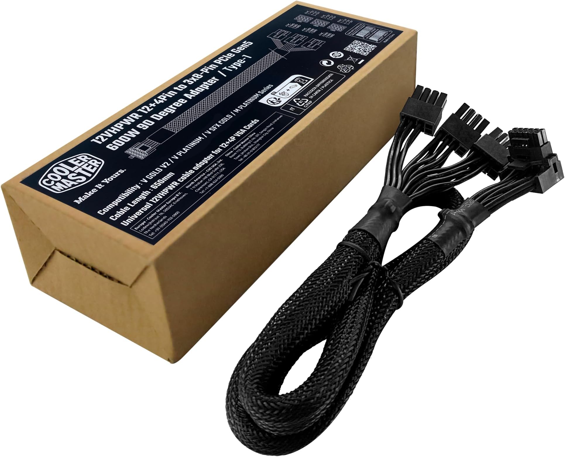 Cooler Master 12VHPWR Adapter Cable Type 1 GeForce RTX 40 Series 90 Degree 12+4 Pin PCIe 5.0 650mm (L) 600W Split 3X PCIE 8 Pin V Gold V2|V SFX Gold | V Platinum (CMA-NFPC16XXBK1-GL)