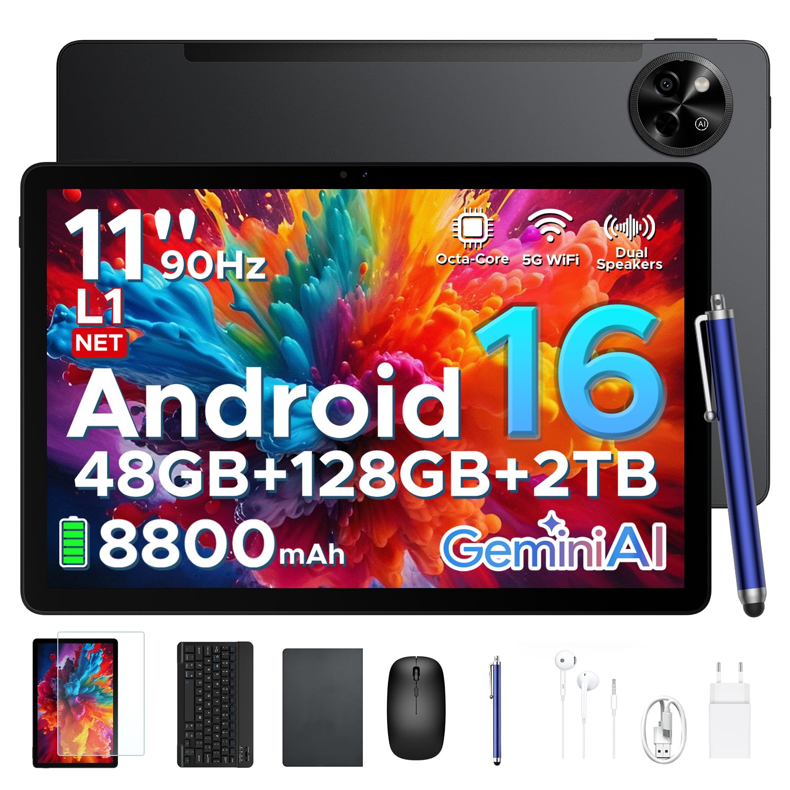 P11 Tablette 11 Pouces, Tablette Android 16 avec 48Go+128Go/2To TF, Tablette Tactile avec 90Hz Display, T7250, Gemini AI, 8800mAh, 13 MP+5MP, Widevine L1, 5G WiFi, Stylet, Clavier, Noir