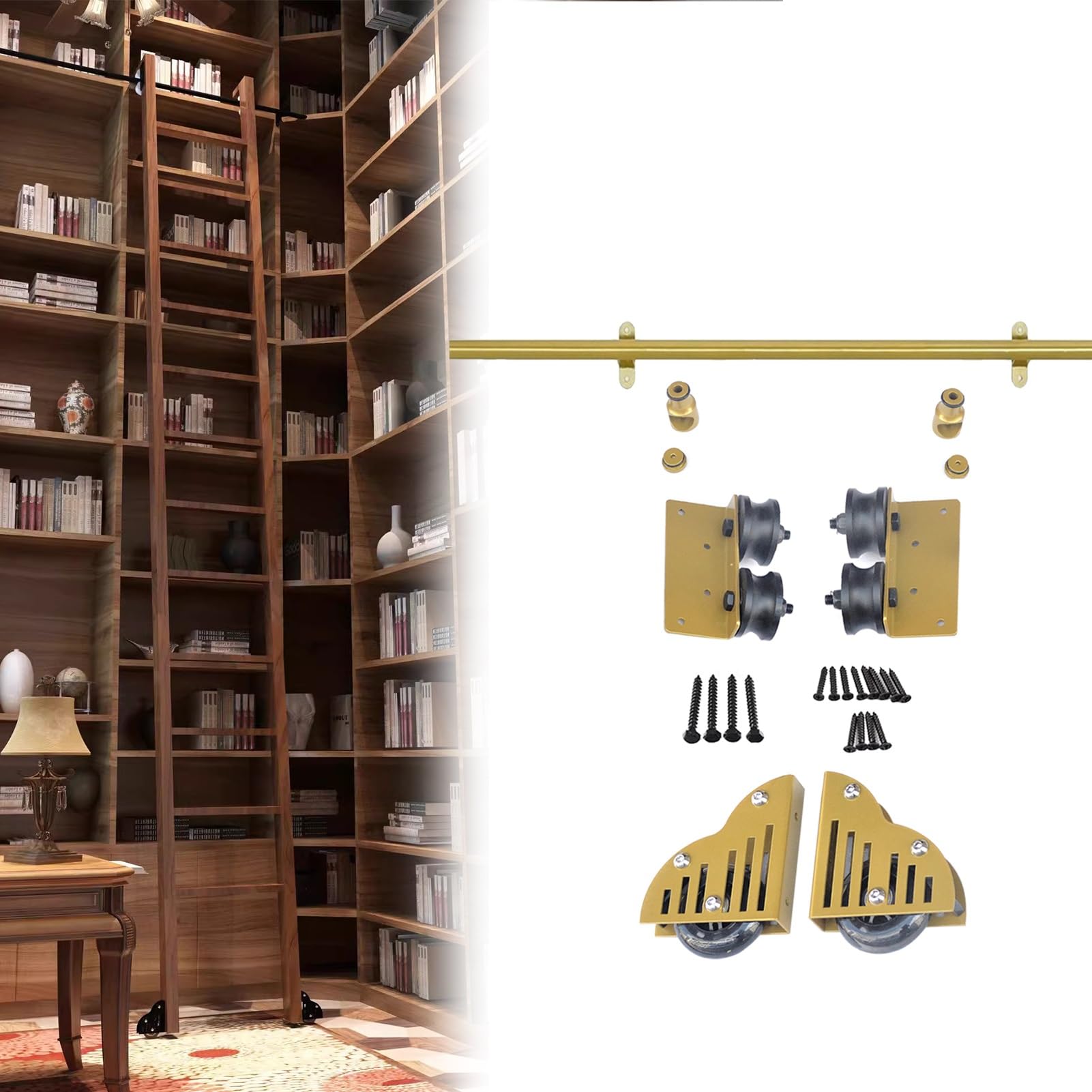 Kit quincaillerie échelle bibliothèque coulissante dorée rail 122cm