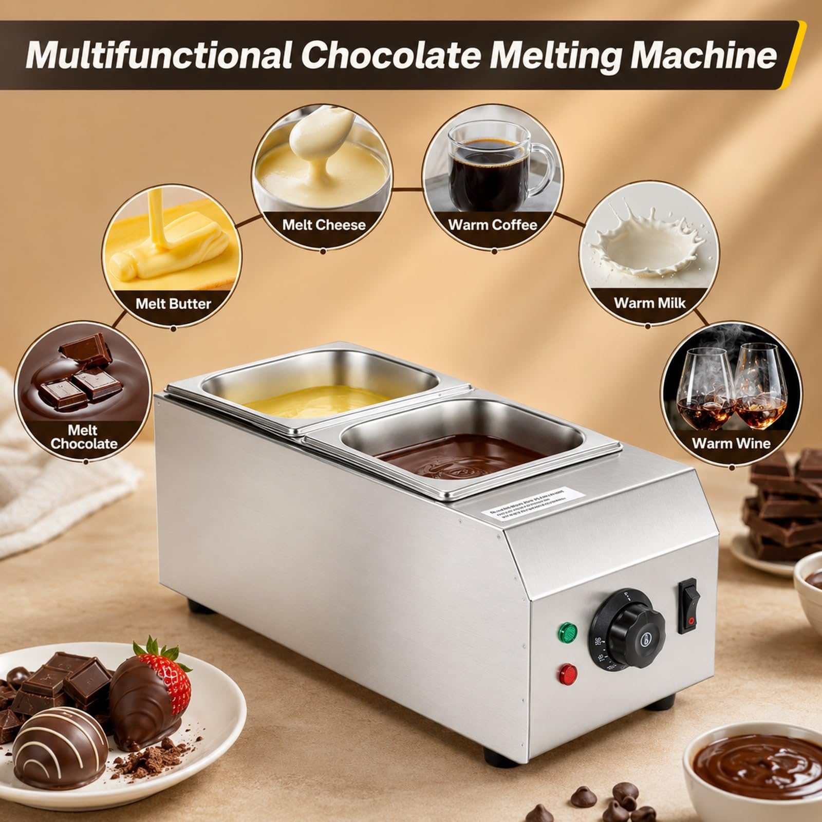 Generico Fonditore Elettrico per Cioccolato 1000W, Temperatrice Commerciale a 2 Vasche, Scaldaliquidi Automatico 6L - Regolabile per Cioccolato, Formaggio e Latte