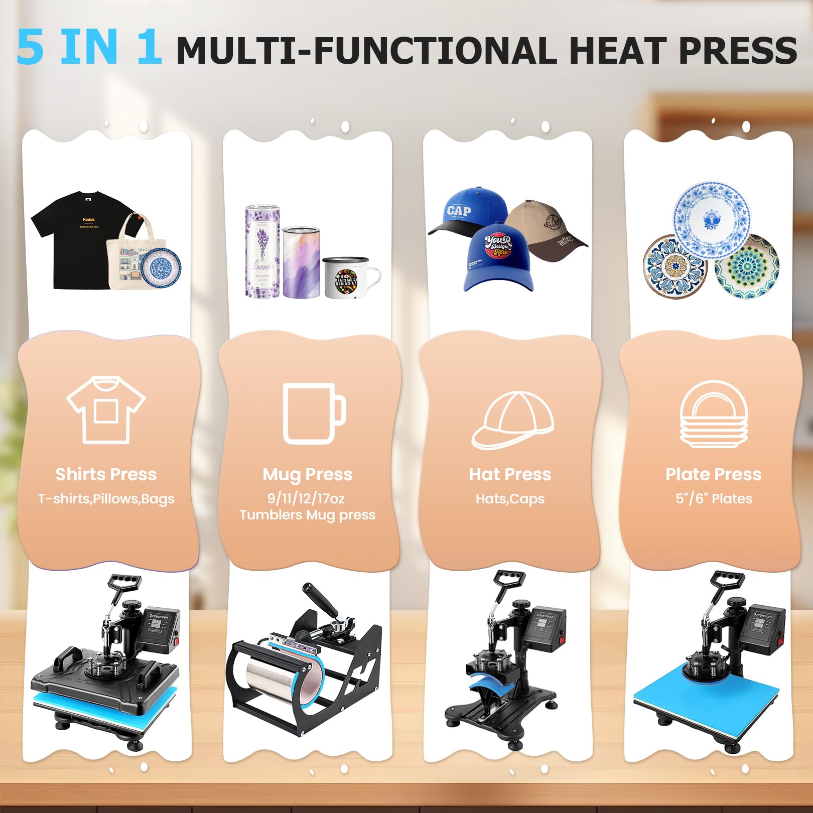 Prensa de calor 5 en 1, 38 x 30 cm, prensa de calor multiusos con giro de 360°, prensa de tazas para tazas, gorras, tapas y máquina de impresión de camisetas (5 en 1), color negro
