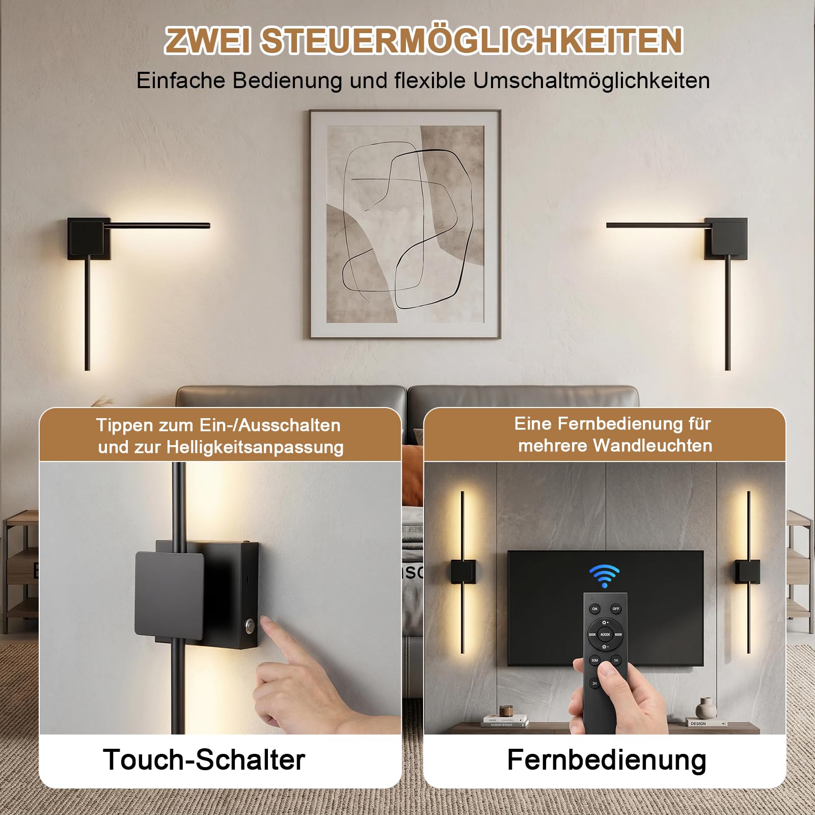 ERWEY Lot de 2 Applique Murale Intérieure, Lampe Murale Sans Fil Noir, Lampe Murale Chambre avec Télécommande, 3 Températures de Couleur & Dimmable, pour Chambre, Salon