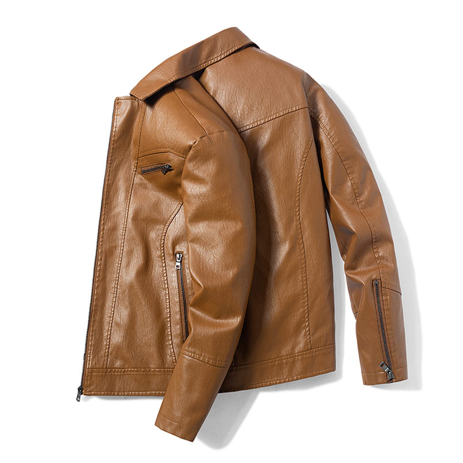 Maiyifu-GJ Men's PU Faux Leather Jacket Notch Lapel Slim Fit Zip Up Biker Jacket Vintage Moto Lightweight Outwear Coat (Khaki,XX-Large)