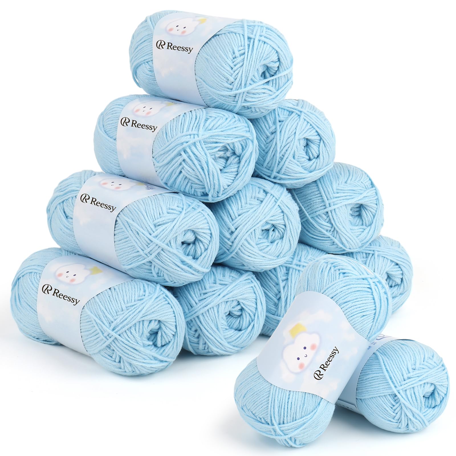 Reessy Crochet Yarn Knitting Wool, 12×40g Skinny Wool Yarn-Powder Blue — image 1