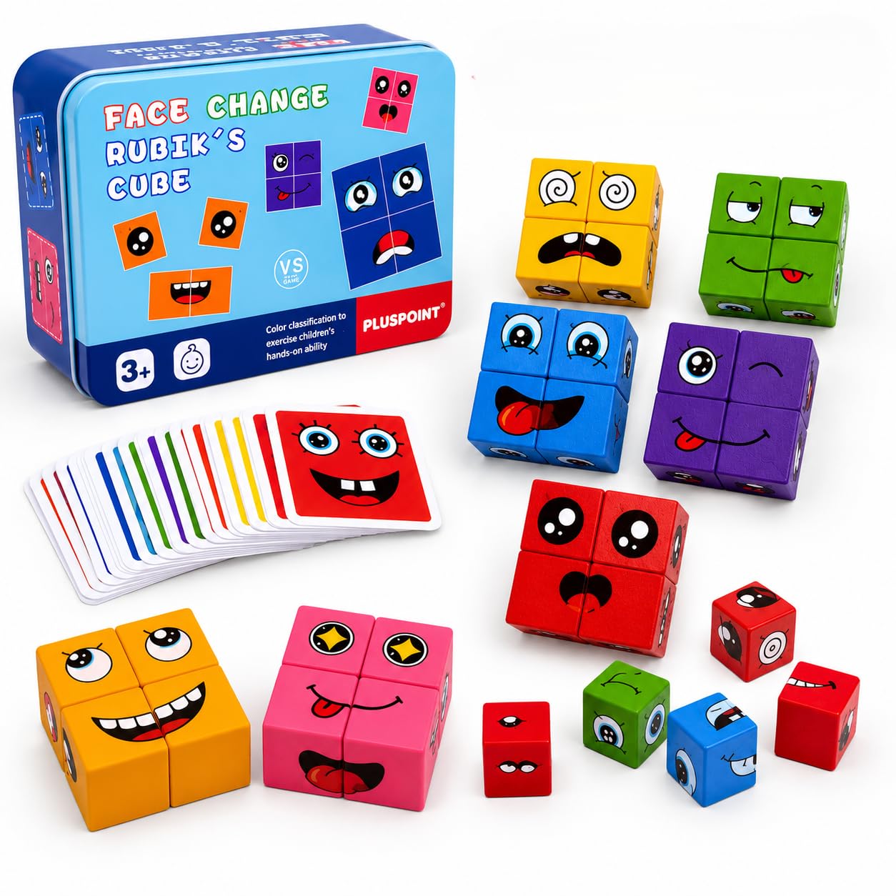 PLUSPOINT Wooden Emoji Face Changing Cube Puzzle Game Expressions Matching Block Puzzles Building Logical Educational Training Toys 16 Face Blocks & 72 Playing Cards Birthday Gift for Kids Boys Girls-image-22