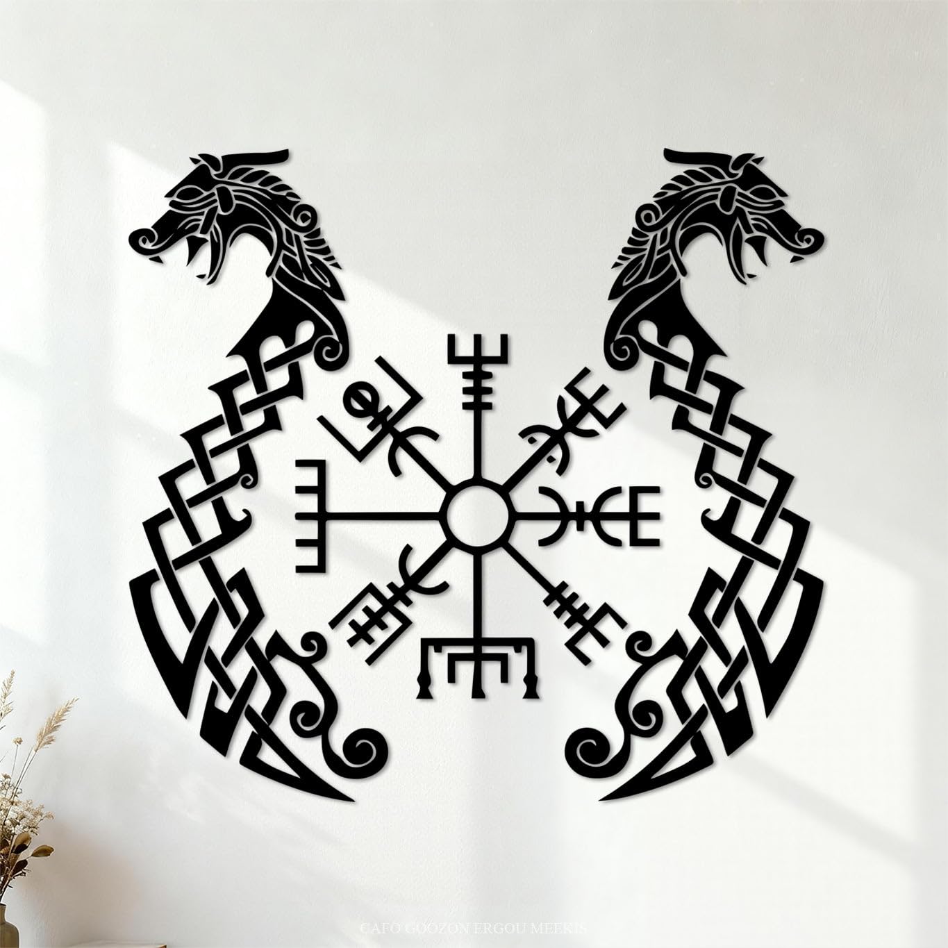 Runic Compass Vegvisir Inscription Ancient Viking Runic Symbol Engraving Stickers 36x38.3cm Window Decals Black