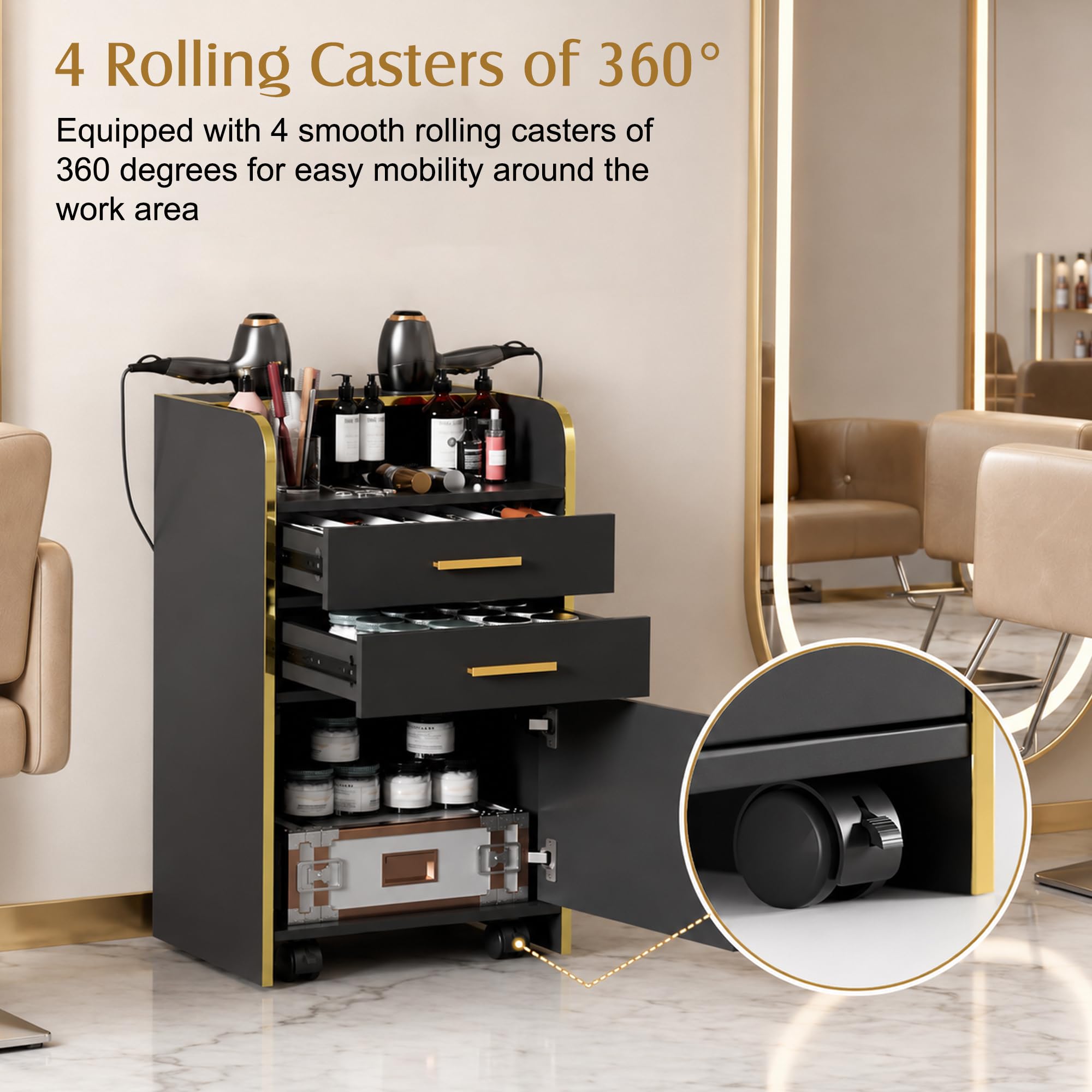MSFE Carrello Estetista con Ruote,Carrello di Servizio in Legno con 2 Cassetti,1 Armadio e 2 Supporti Asciugacapelli,Barbiere Carrello da Lavoro per Stilista,Parrucchiere,Acconciatura SPA,45*35*80CM