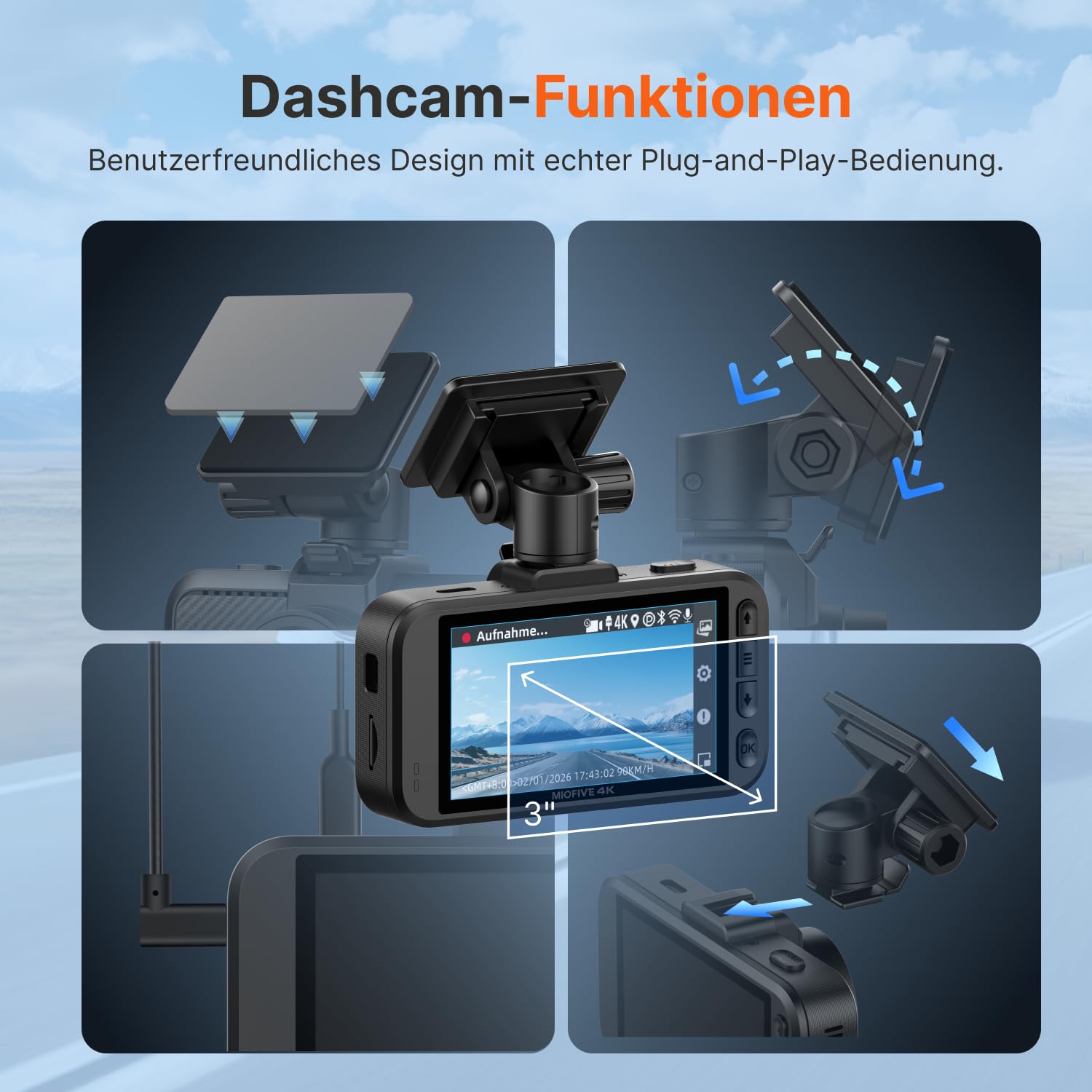 Miofive Dashcam für Front- und Rückkamera 4K/2K, GPS, WiFi, Bluetooth, 3-Zoll-IPS-Display, Nachtsicht, Loop-Aufnahme, HDR, App-Steuerung und unterstützt bis zu 512 GB mit einer kostenlosen 32-GB-Karte