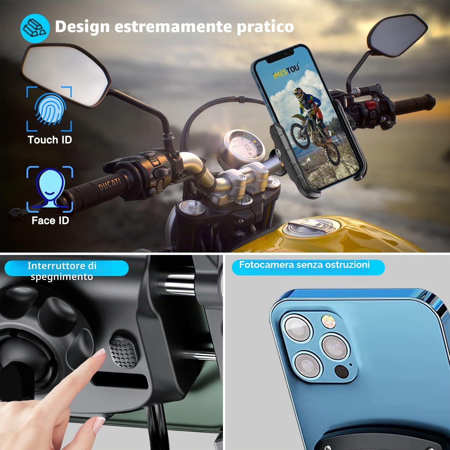 iMESTOU Caricabatterie per Telefoni USB da Moto 3.0A, Manubrio/Supporto per Cellulare Nello Specchietto Retrovisore in Alluminio per Smartphone da 4.0-6.8 Pollici, Funziona con Moto da 12V/24V