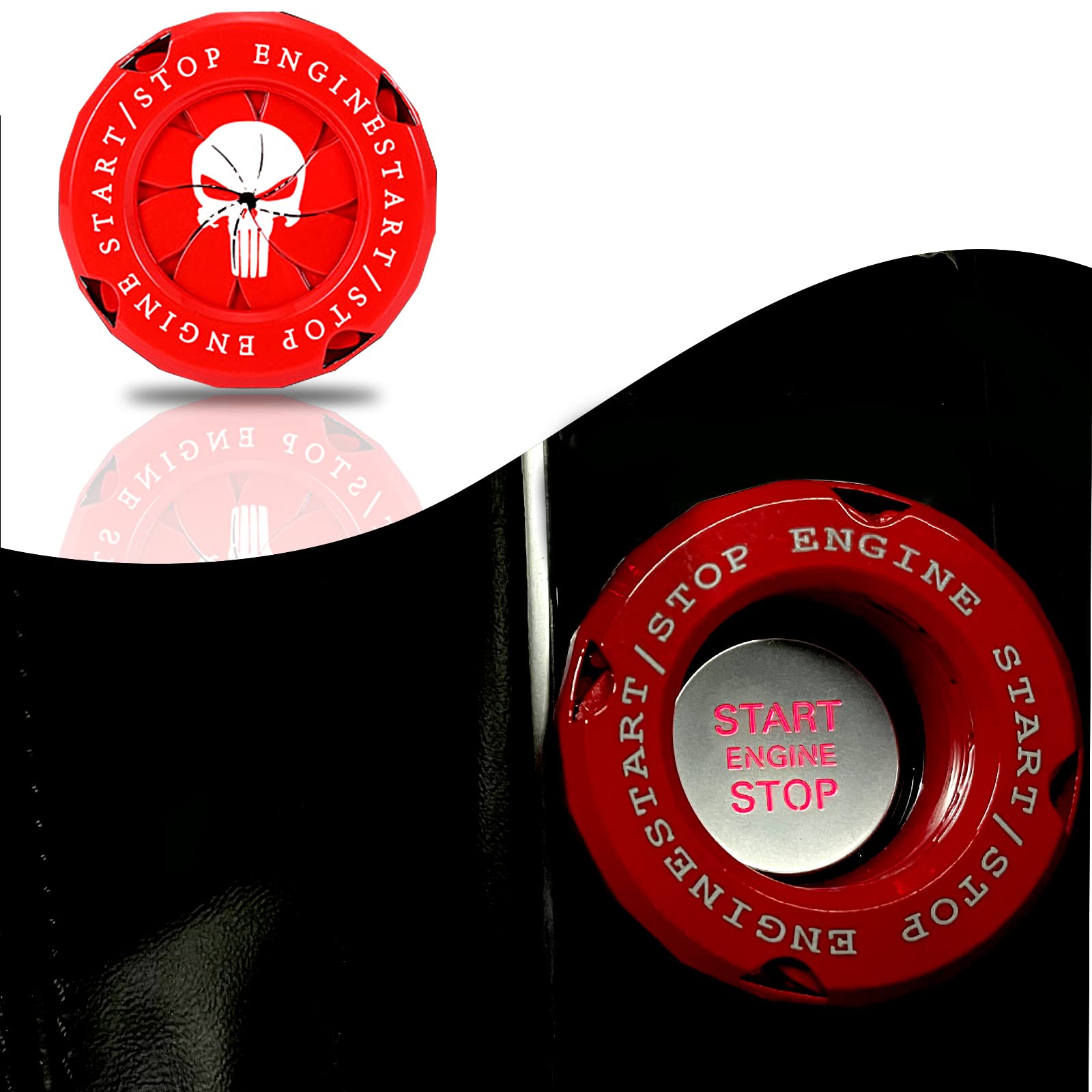 Skull Rotary Car Engine Start Stop Button, Frosted Style DIY Car Engine Push to Start Button, ABS General Motors Ignition Switch Decorative Cover (Skull Red)