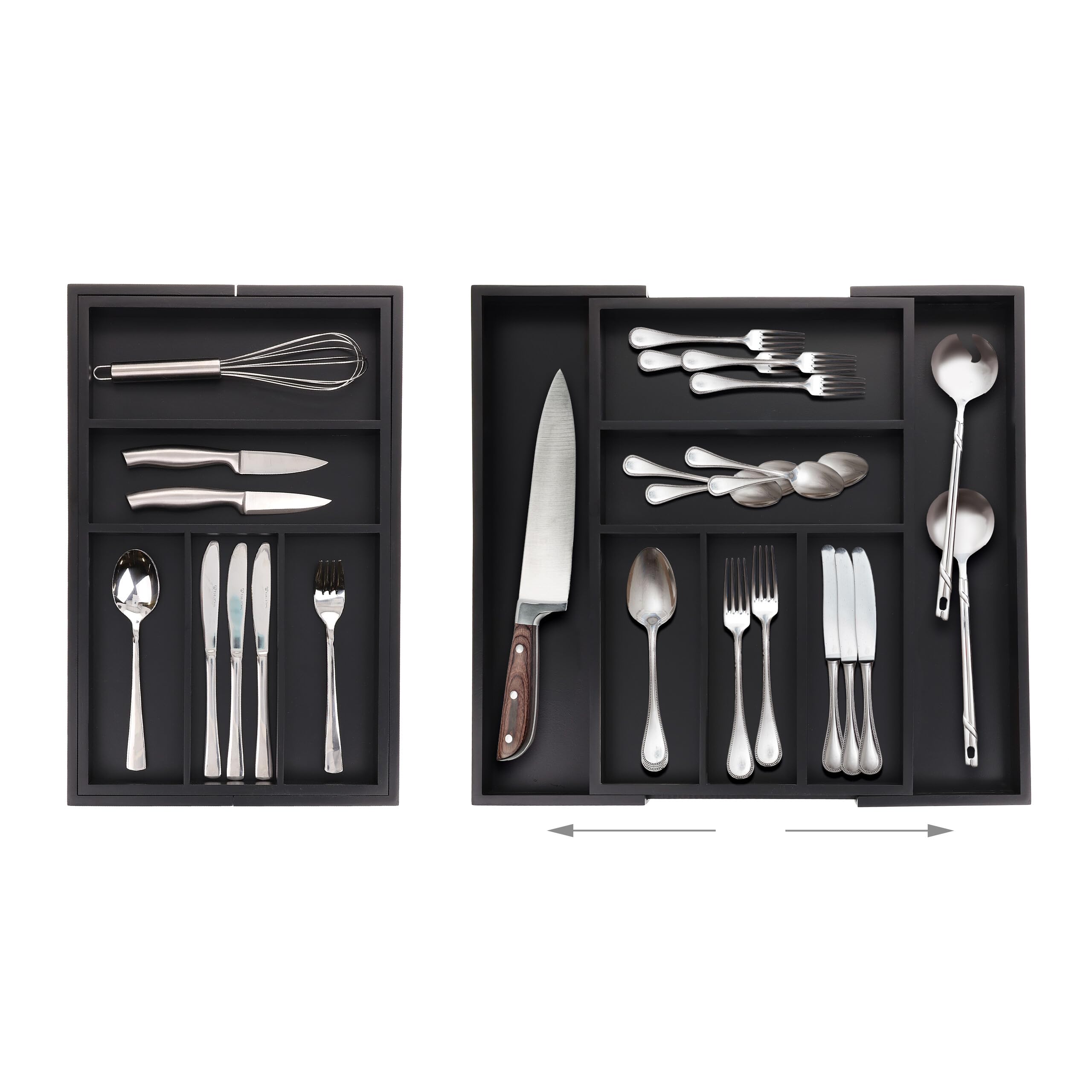 Relaxdays Cubertero Extensible Cajón, Organizador 5-7 Compartimentos Bambú, Separador Cubiertos, 5x30,5-49x46 cm, Negro