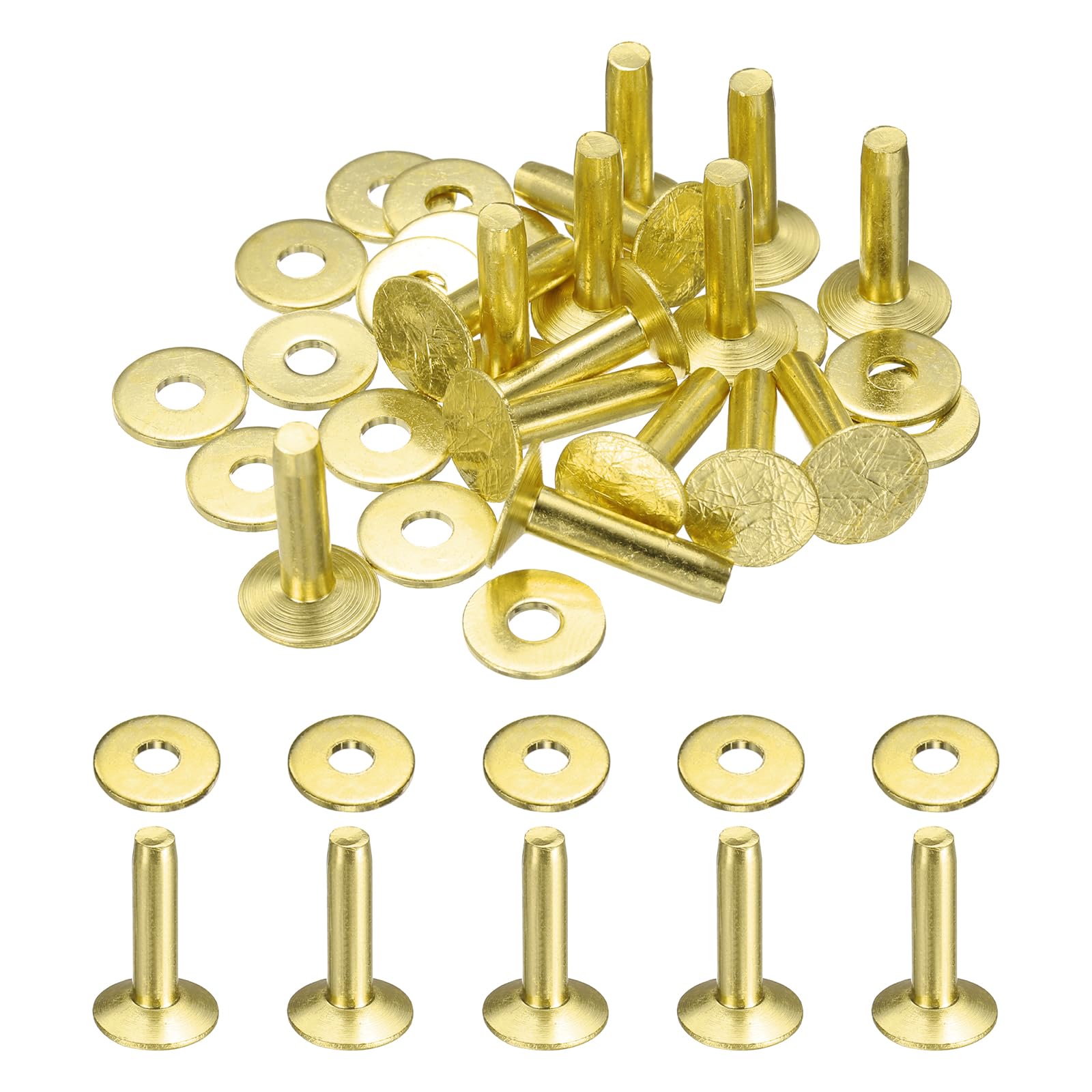 sourcing map 15Set Brass Rivets and Burrs Washers 11x4x16mm Dimpled Finish Solid Leather Rivet Fastener Studs Posts for Leather DIY Craft Belts Wallets Collars, Gold Yellow