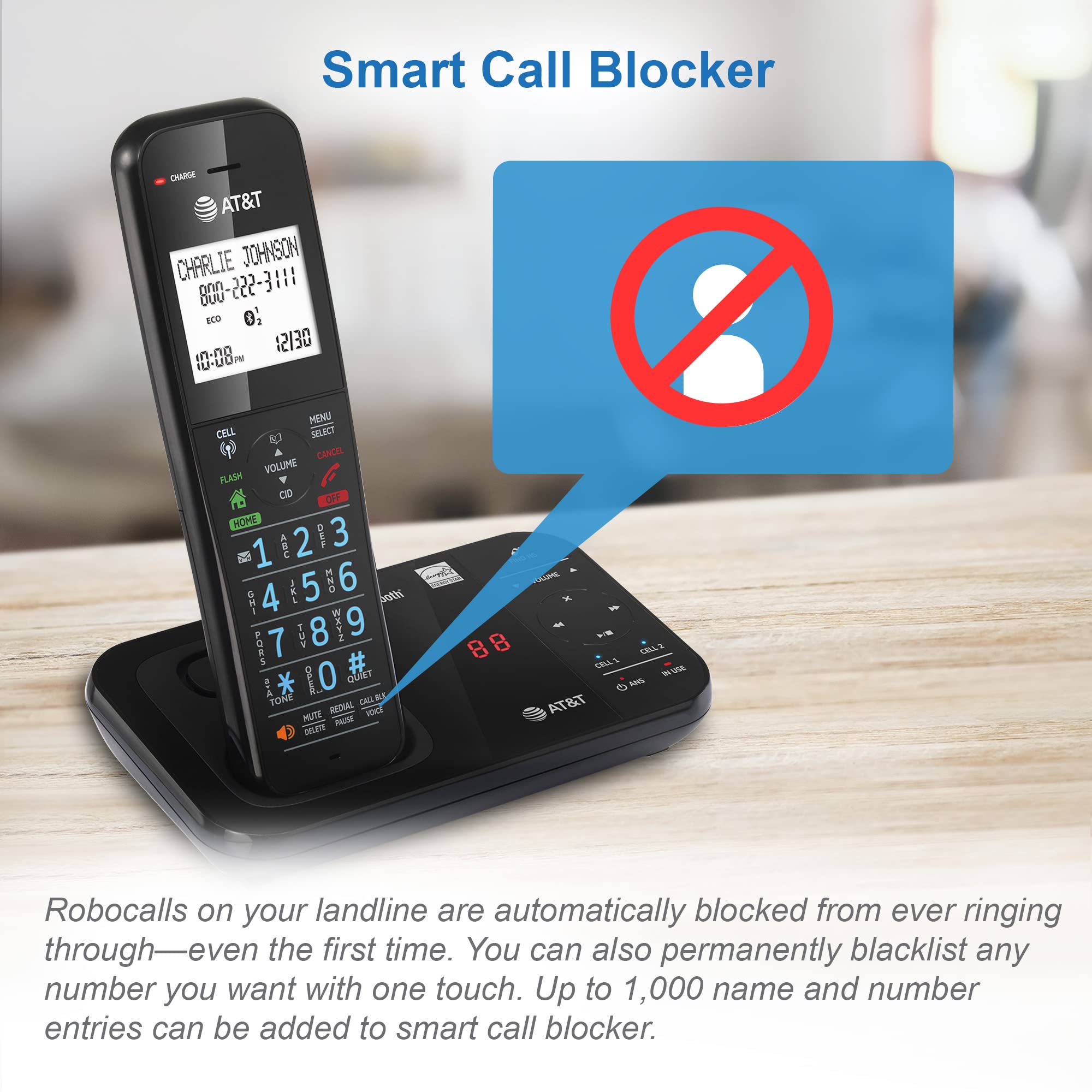 AT&T GL2113-21 Cordless Home Phone with Smart Call Blocker, Bluetooth Connect to Cell, Answering Machine, Full-Duplex Speakerphone
