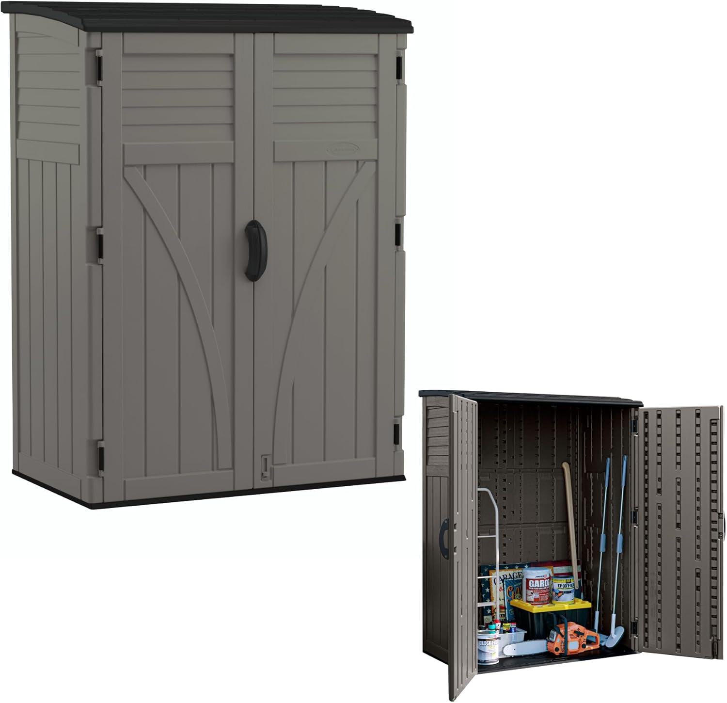 Suncast Outdoor Storage Cabinet Waterproof Resin Vertical Outdoor Storage Shed (54 cu. ft.) for Patio, Garden Tools, Cushions, & Equipment. Weatherproof Plastic Multi-Wall Design, made in the USA - 2 ft. 8 in. x 4 ft. 5 in. x 6 ft