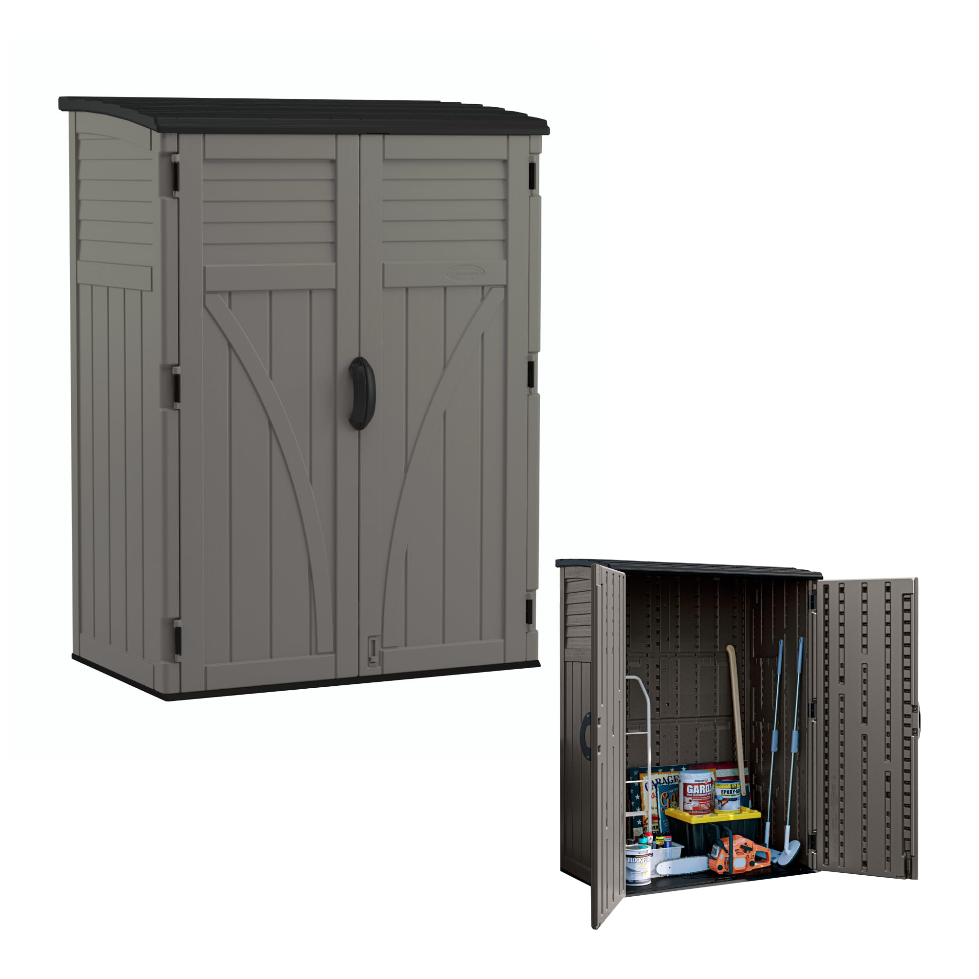 Photo 1 of Suncast Outdoor Storage Cabinet Waterproof Resin Vertical Outdoor Storage Shed (54 cu. ft.) for Patio, Garden Tools, Cushions, & Equipment. Weatherproof Plastic Multi-Wall Design, Capacity Made in USA