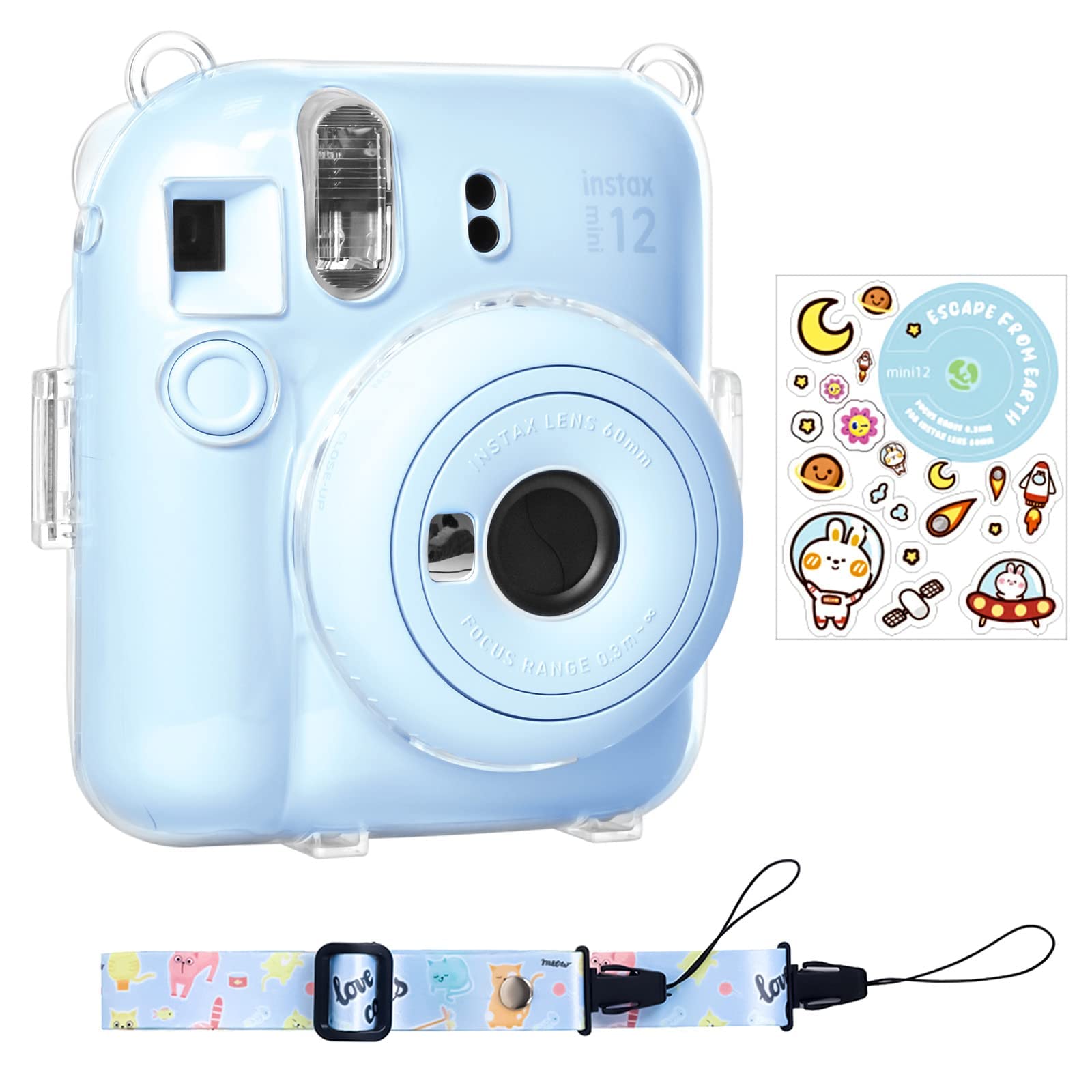 Fuji Instax Mini 12 Case with Back Photos Pocket, Shoulder Strap and Blue Sticker