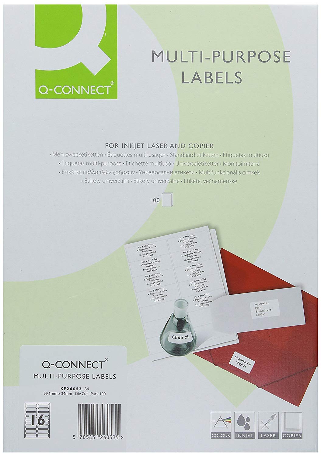 Q-Connect Multipurpose Labels 99.1x34mm 16 Per Sheet White (1600 Pack) KF26053