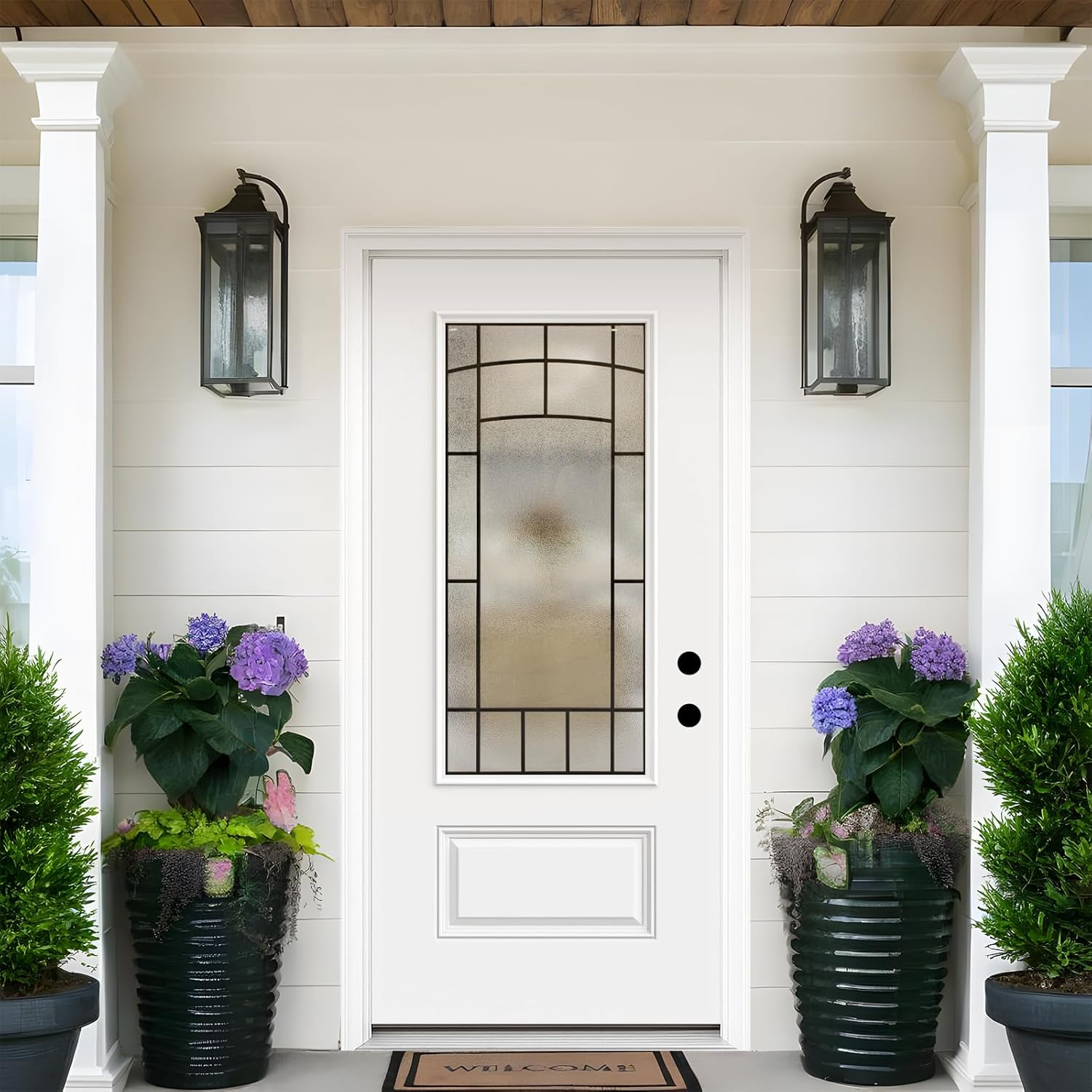 Contemporary 36" x 80" Front Door, Smooth Fiberglass Entry with 3/4 Decorative Glass，Left Hand Inswing Exterior Entry Door for Home