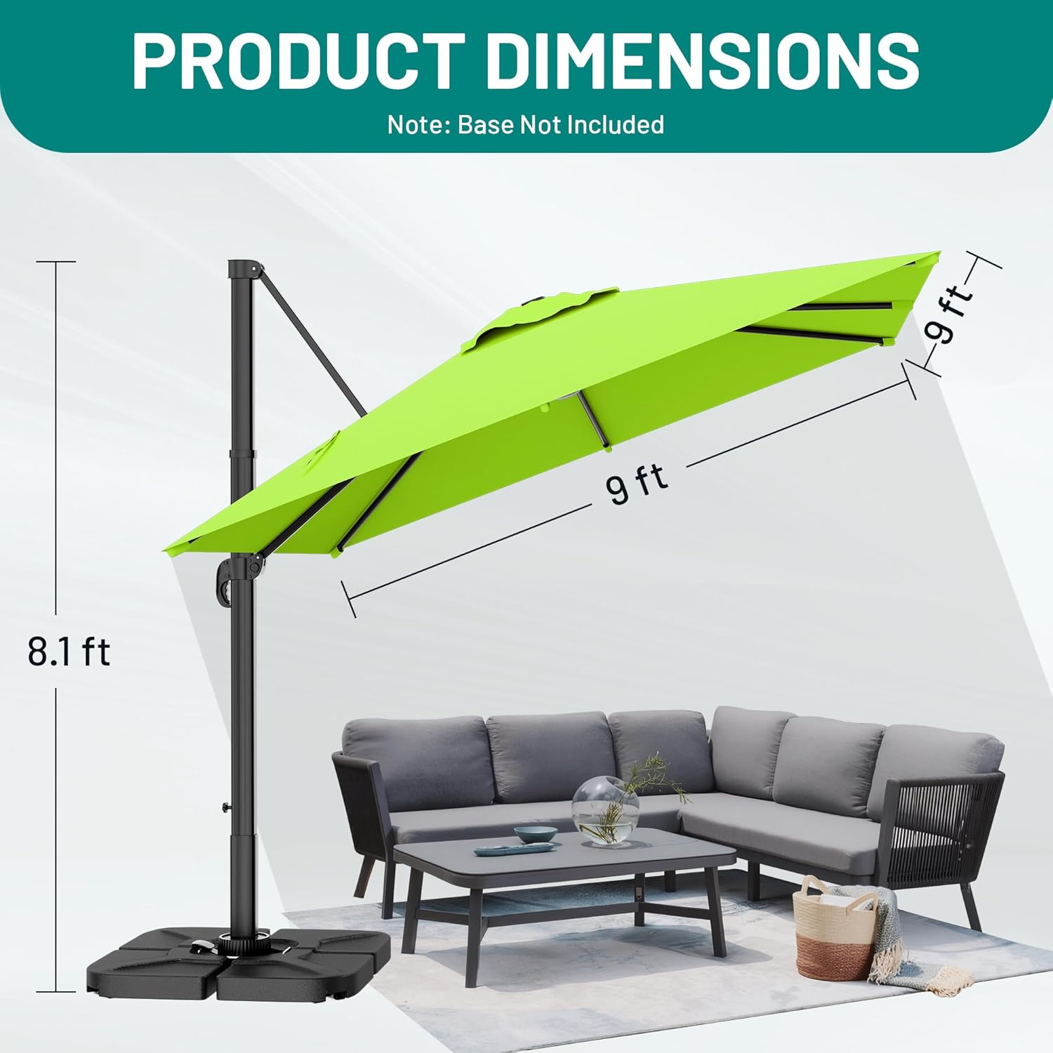 AreShark 9 × 9FT Square Cantilever Patio Umbrella with Base Included, 360° Rotation Offset Outdoor Umbrella, 5 Tilt Settings Heavy Duty Hanging Parasol for Deck Garden Pool, Apple Green