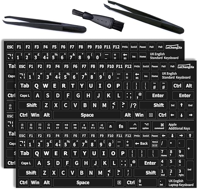 2 Pcs English UK Replacement Non Transparent BLACK Stickers with White LettersMatteSuitable for any Standard Keyboard,Laptop Keyboard,Apple Keys, With two Tweezers and Cleaning Brush
