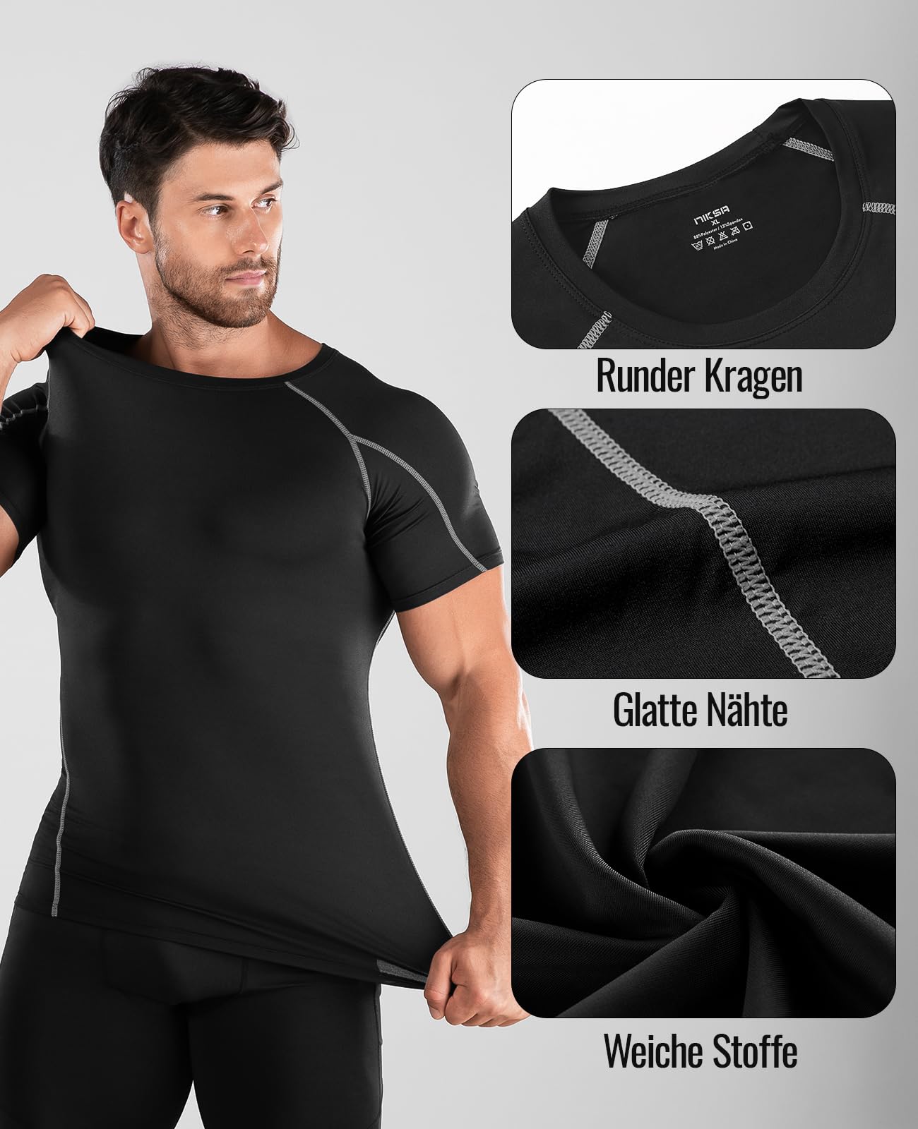 Niksa Funktionsshirt Herren Kurzarm 2 Stück Kompressionsshirt Männer Laufshirt Sportshirt mit Rundhalsausschnitt Fitness