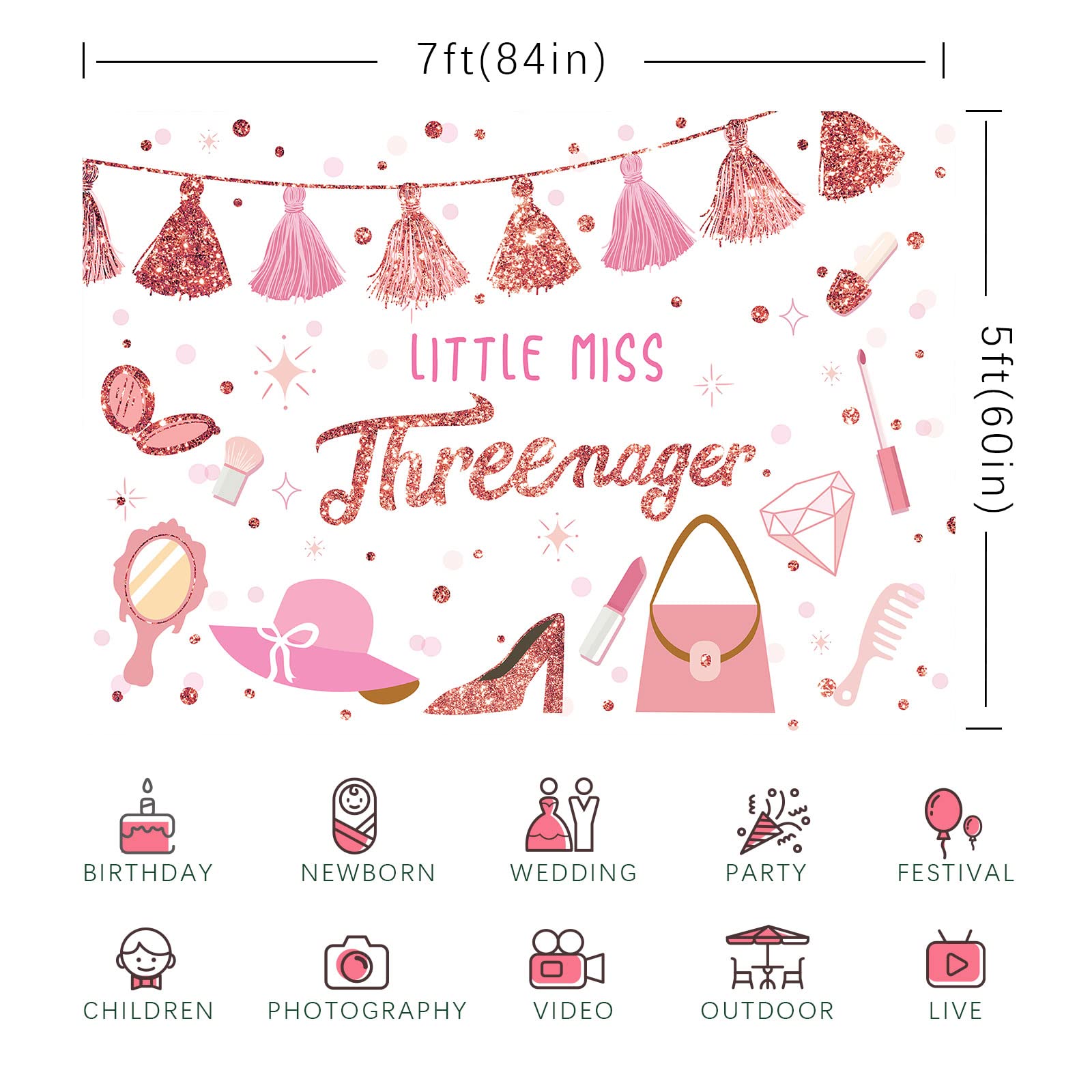 Fotohintergrund "Little Miss Threenager" 2,1x1,5 M - Pink, Für 3. Geburtstag, Make-up & Prinzessin-Party