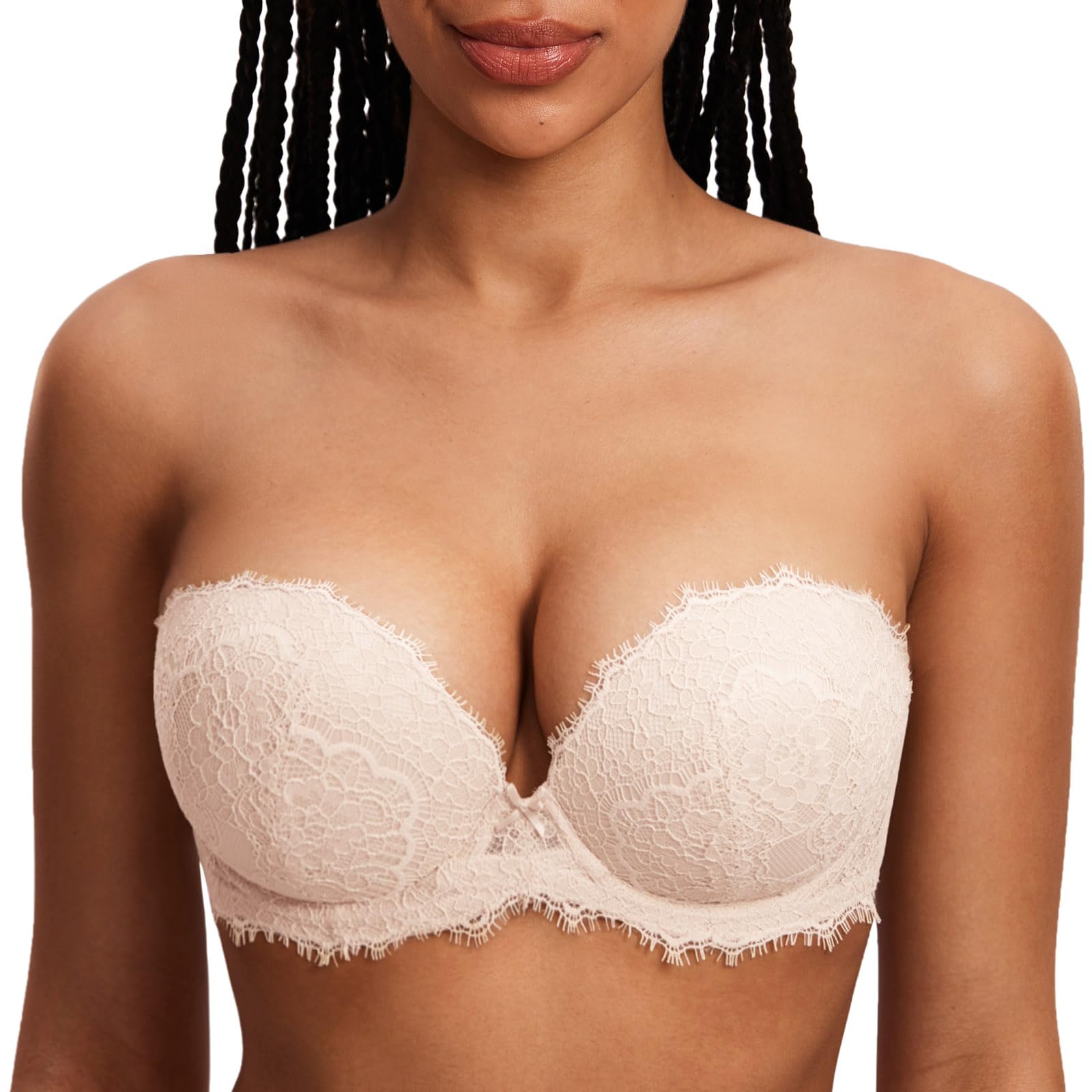 DOBREVA Damen Trägerloser Push Up BH Spitzen Tiefer Ausschnitt Bügel BHS Gepolsterter mit Abnehmbaren Trägern
