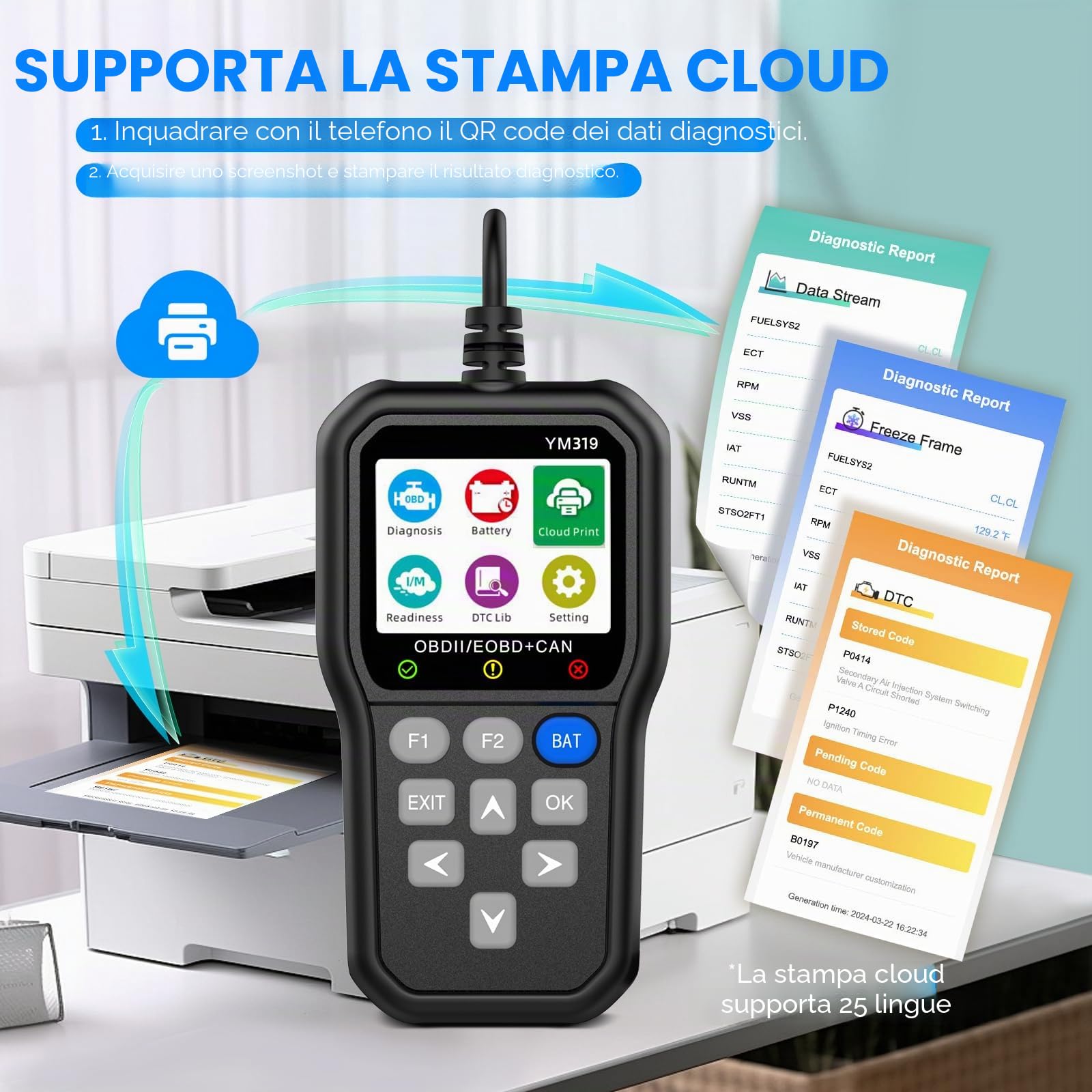 OBD2/EOBD Auto Diagnostica Italiano, AIOMEST Motore Scanner Diagnostico Diagnosi Auto Professionale, Car Lettore Guasti con Ricerca DTC, Monitoraggio Batteria, 2.4" IPS, Compatibile Auto dal 1996