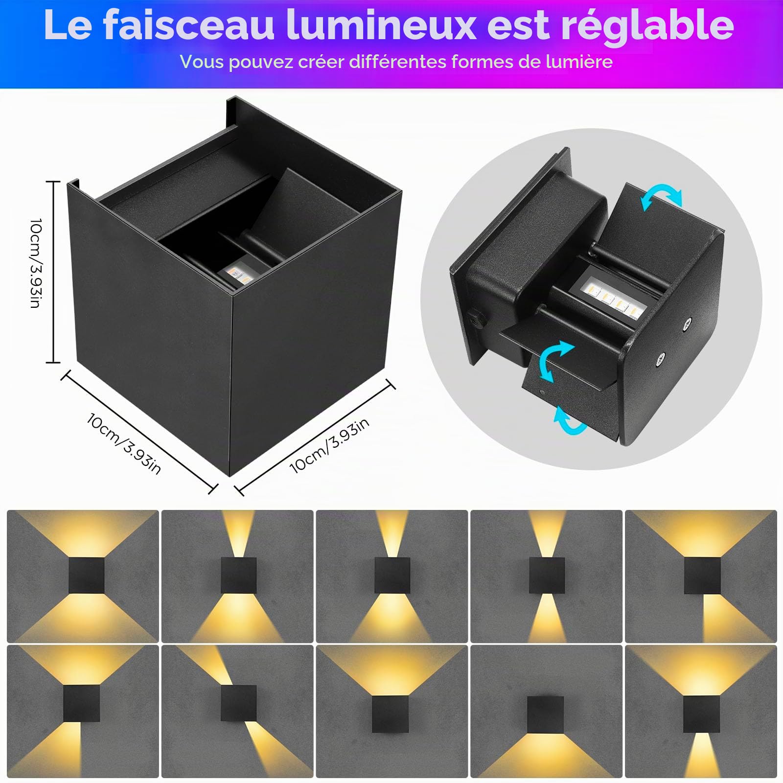 Applique Murale RGB, 9W Applique Dimmable Intérieure/Extérieure avec App Telecommande,Music-Sync & DIY 16 Million Couleurs, Angle de Faisceau Réglable Appliques Murales pour Salon Chambre Couloir