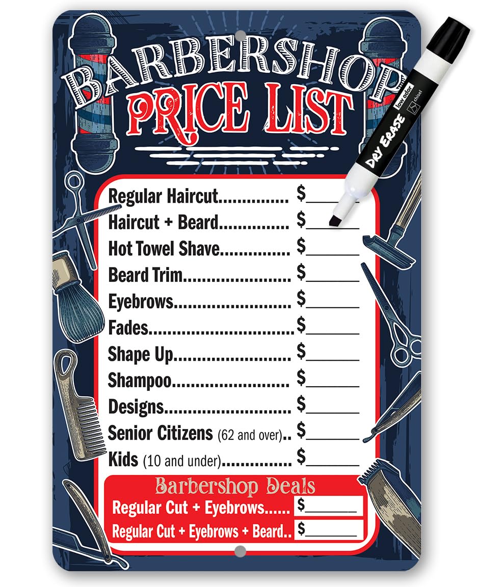 Barbershop Price List - Durable Metal Sign - Use Indoor/Outdoor - Makes a Great Barbershop Decor and Gift for Salon Business Owners - Great Barber Shop Accessories (12" x 18")