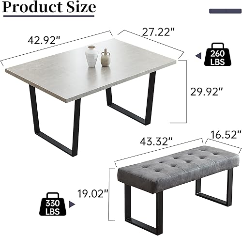 Miniatura 2 de Juego de mesa de comedor de 3 piezas con banco de HIPIHOM, mesa de cocina moderna de 42.9 pulgadas con esquina de asiento derecho y banco de 43.3
