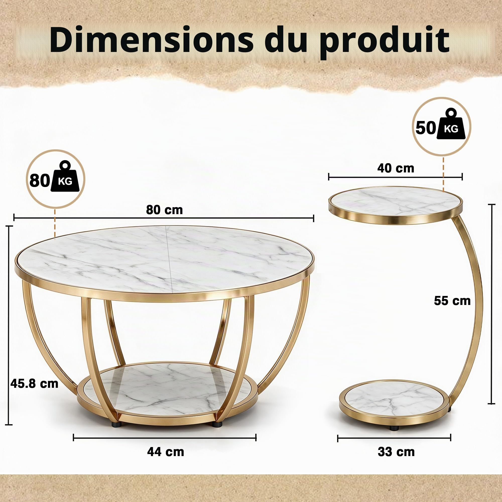 Ensemble de 2 Table Basse Ronde avec étagères de Rangement, Table Centrale Moderne en Bois de 80 cm + 40 cm pour Salons et aux Bureaux (Blanc)
