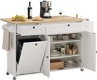 60" Kitchen Island with Power Outlet & Drop Leaf, Kitchen Rolling Island with Spice Rack & Towel Rack, Knife Holder, Kitchen Island Cart with Trash Storage Cabinet, Mobile Island Table for Kitchen
