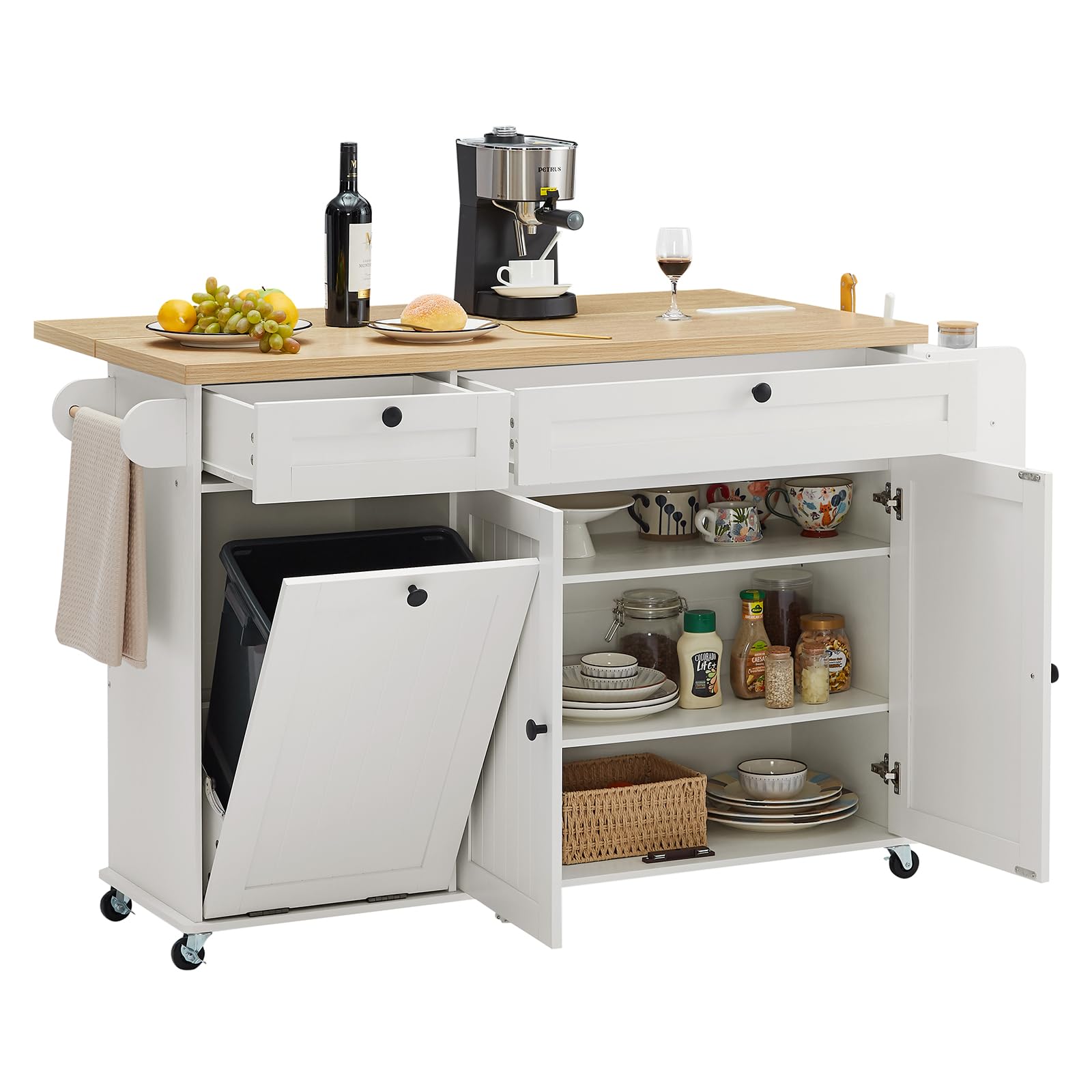 60" Kitchen Island with Power Outlet & Drop Leaf, Kitchen Rolling Island with Spice Rack & Towel Rack, Knife Holder, Kitchen Island Cart with Trash Storage Cabinet, Mobile Island Table for Kitchen